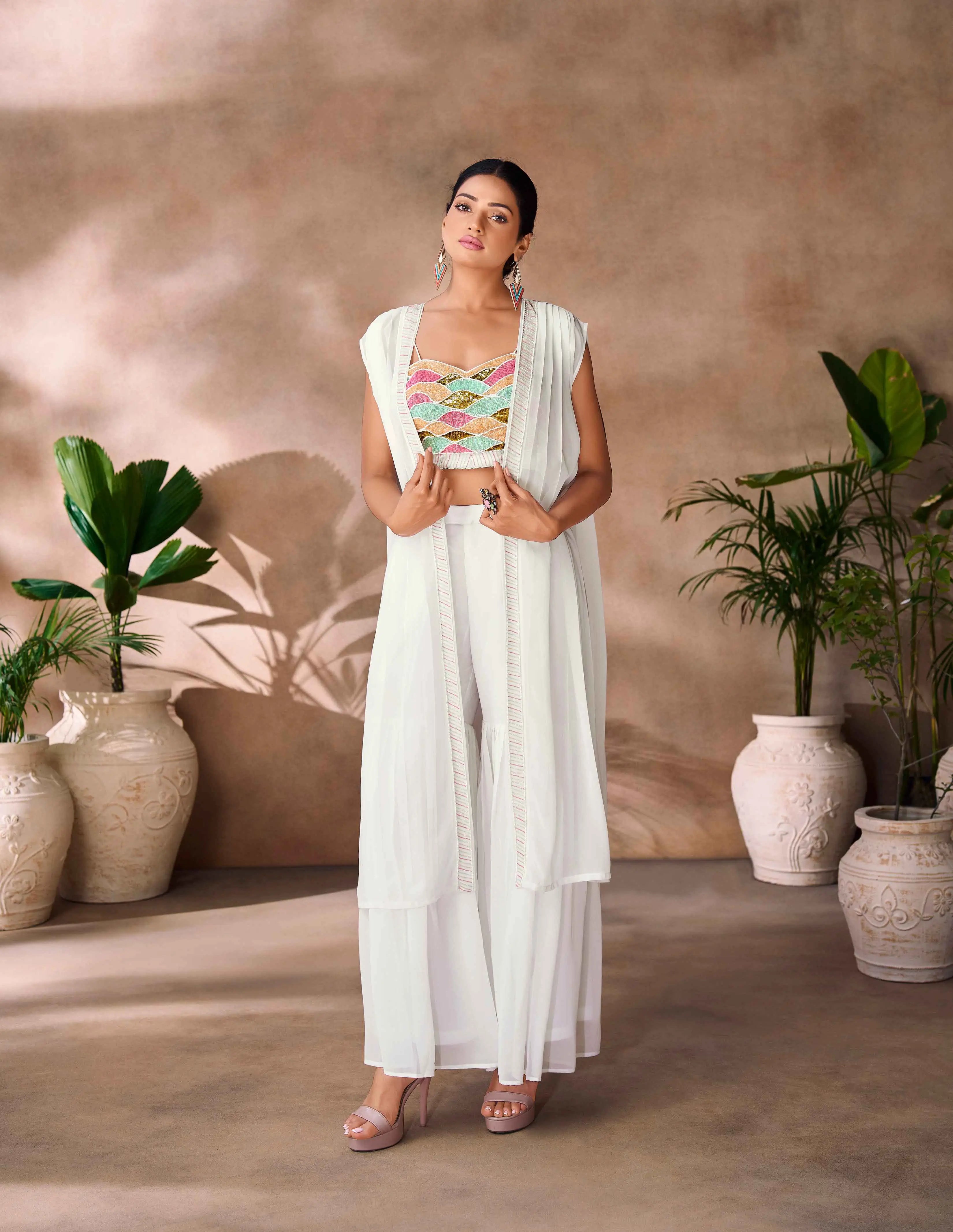 Wonderful White Indo Western Hand Work Blouse With Sharara And Cap - qivii