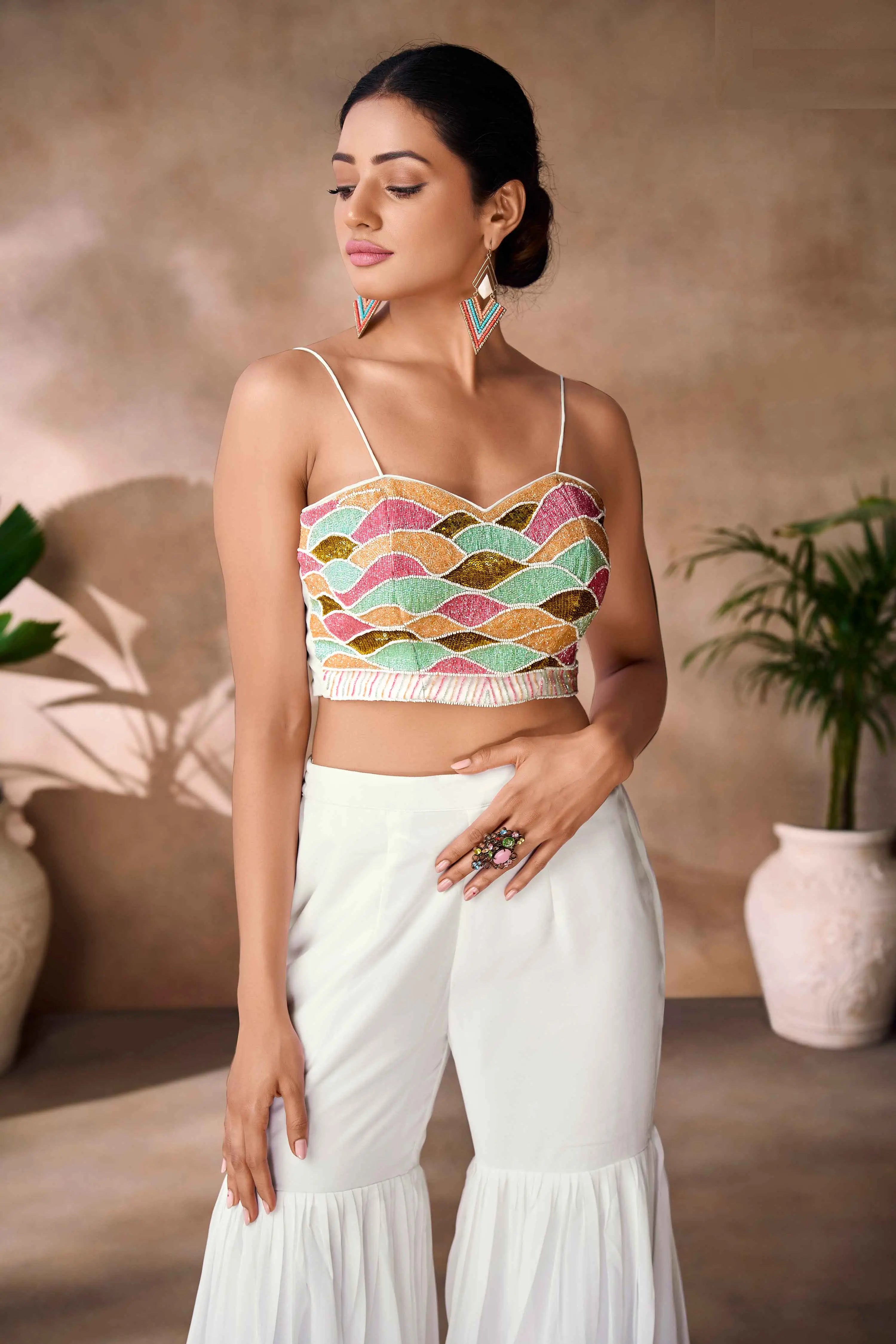 Wonderful White Indo Western Hand Work Blouse With Sharara And Cap - qivii