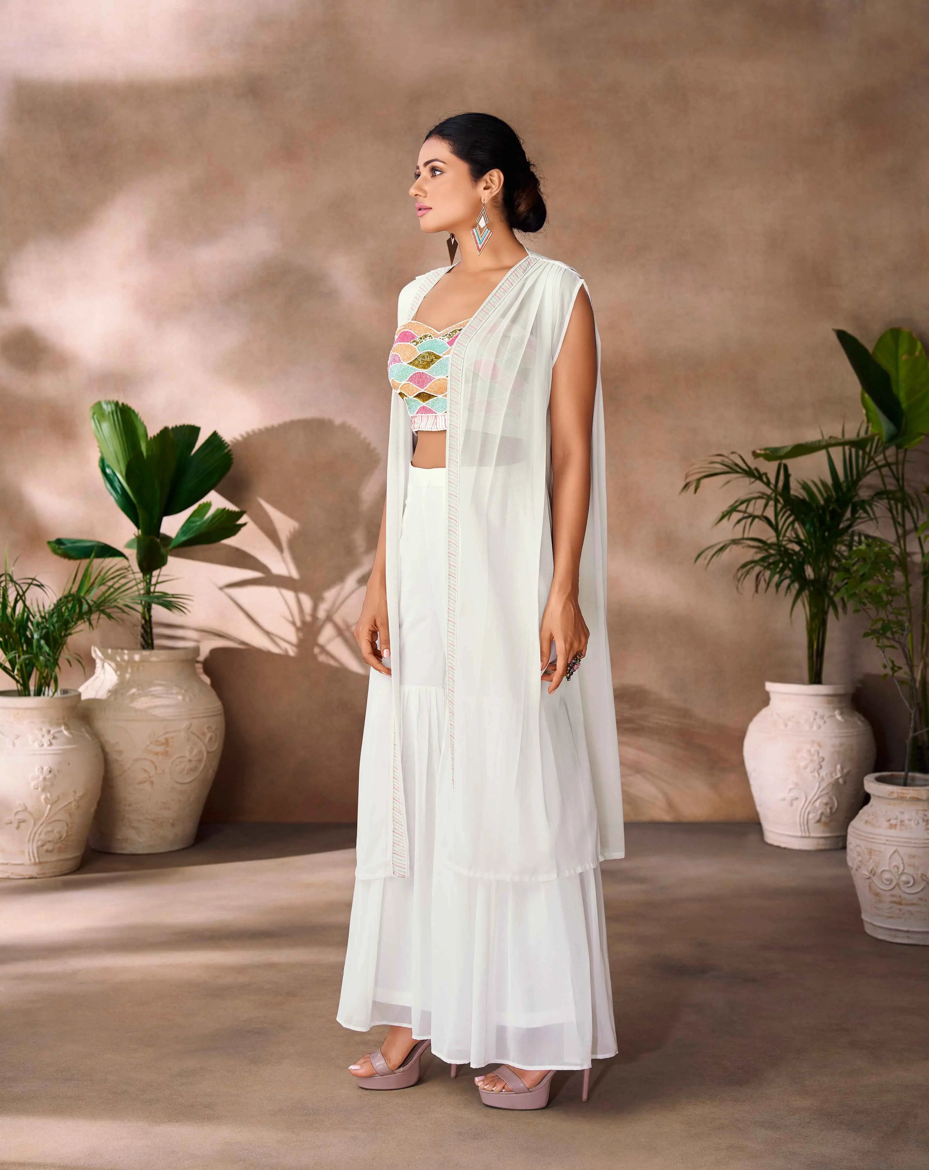 Wonderful White Indo Western Hand Work Blouse With Sharara And Cap - qivii