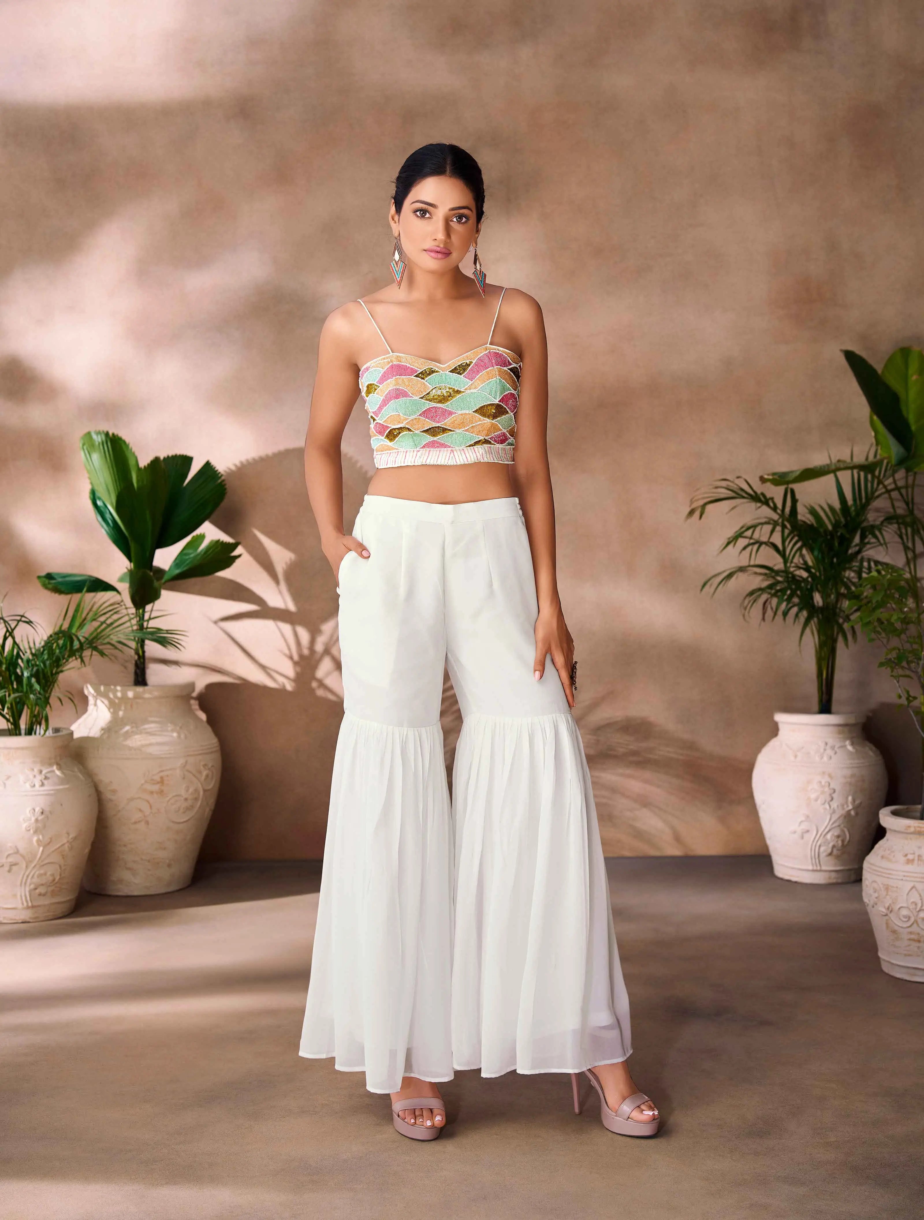 Wonderful White Indo Western Hand Work Blouse With Sharara And Cap - qivii