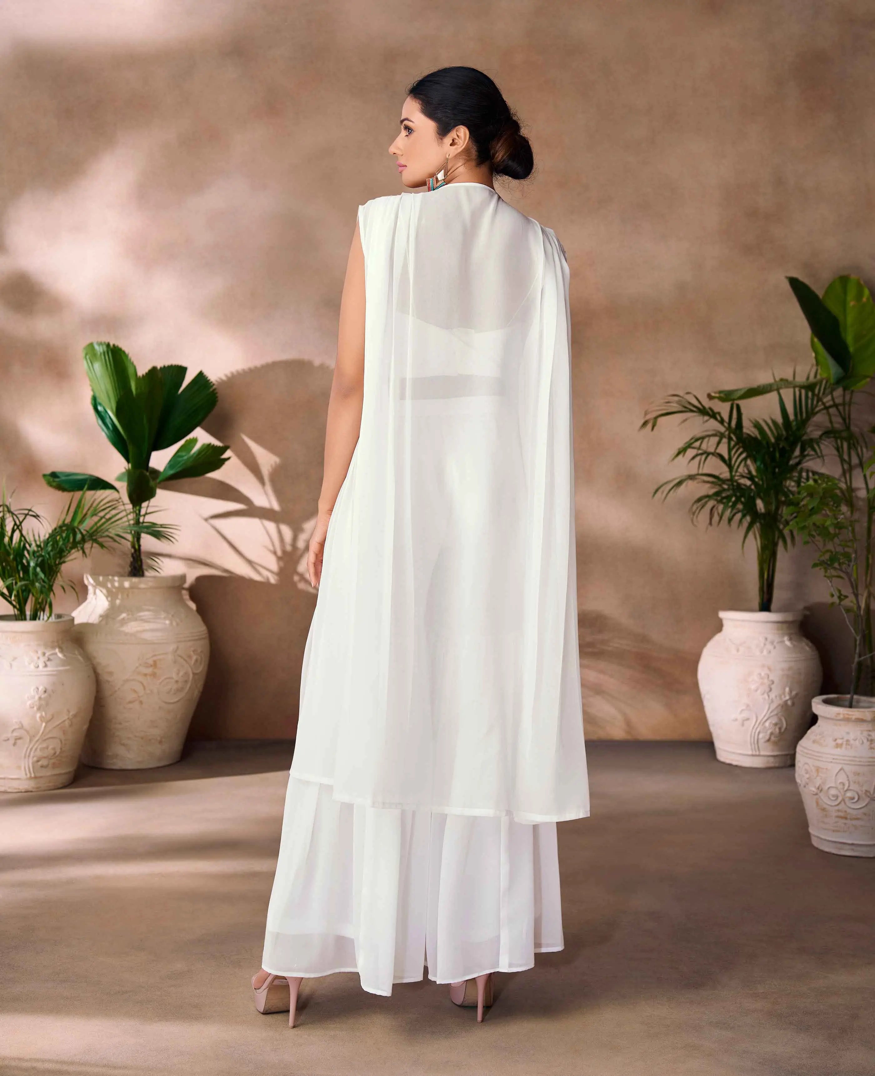 Wonderful White Indo Western Hand Work Blouse With Sharara And Cap - qivii