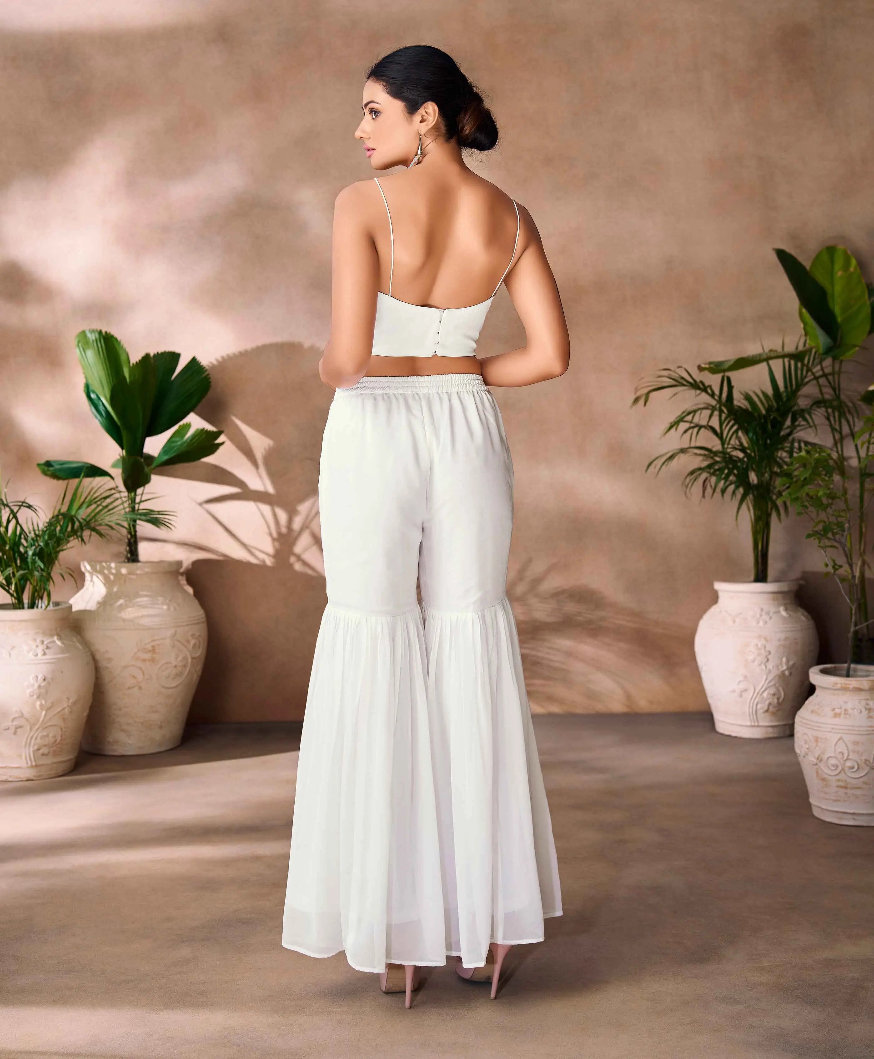 Wonderful White Indo Western Hand Work Blouse With Sharara And Cap - qivii