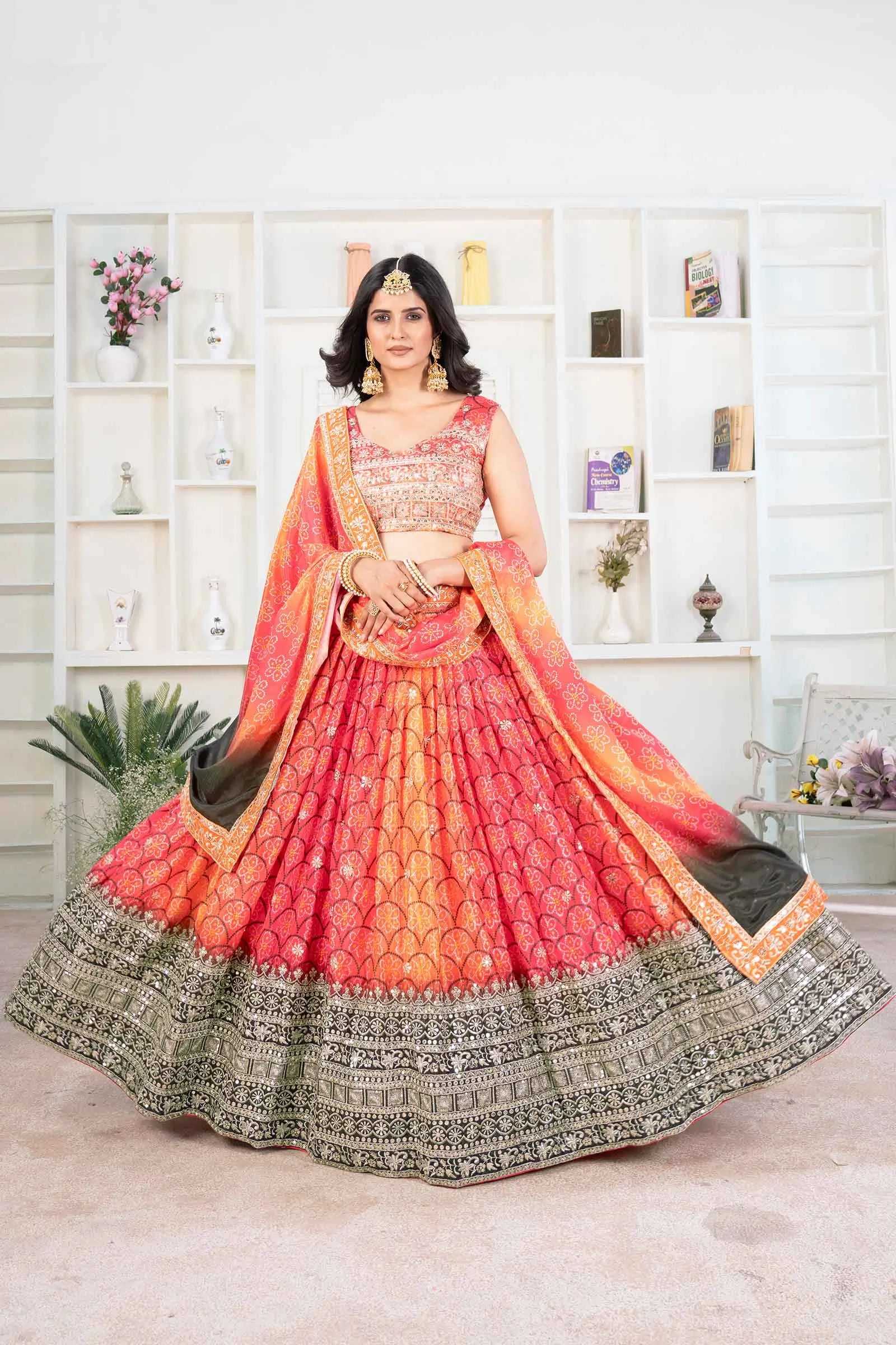 Multi Color Chinon Digital Print Lehenga With Thread Sequins Embroidery Work - qivii