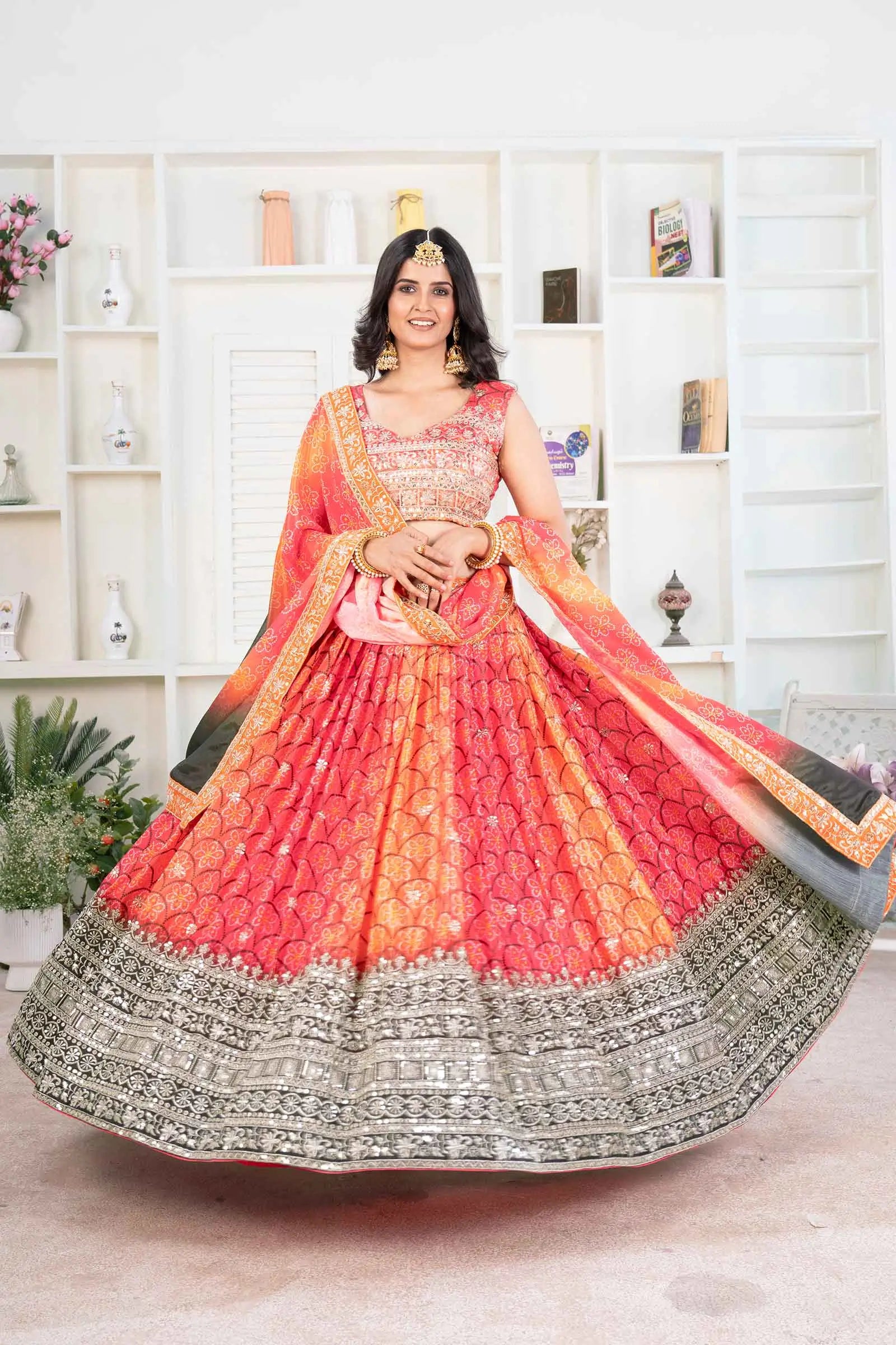 Multi Color Chinon Digital Print Lehenga With Thread Sequins Embroidery Work - qivii