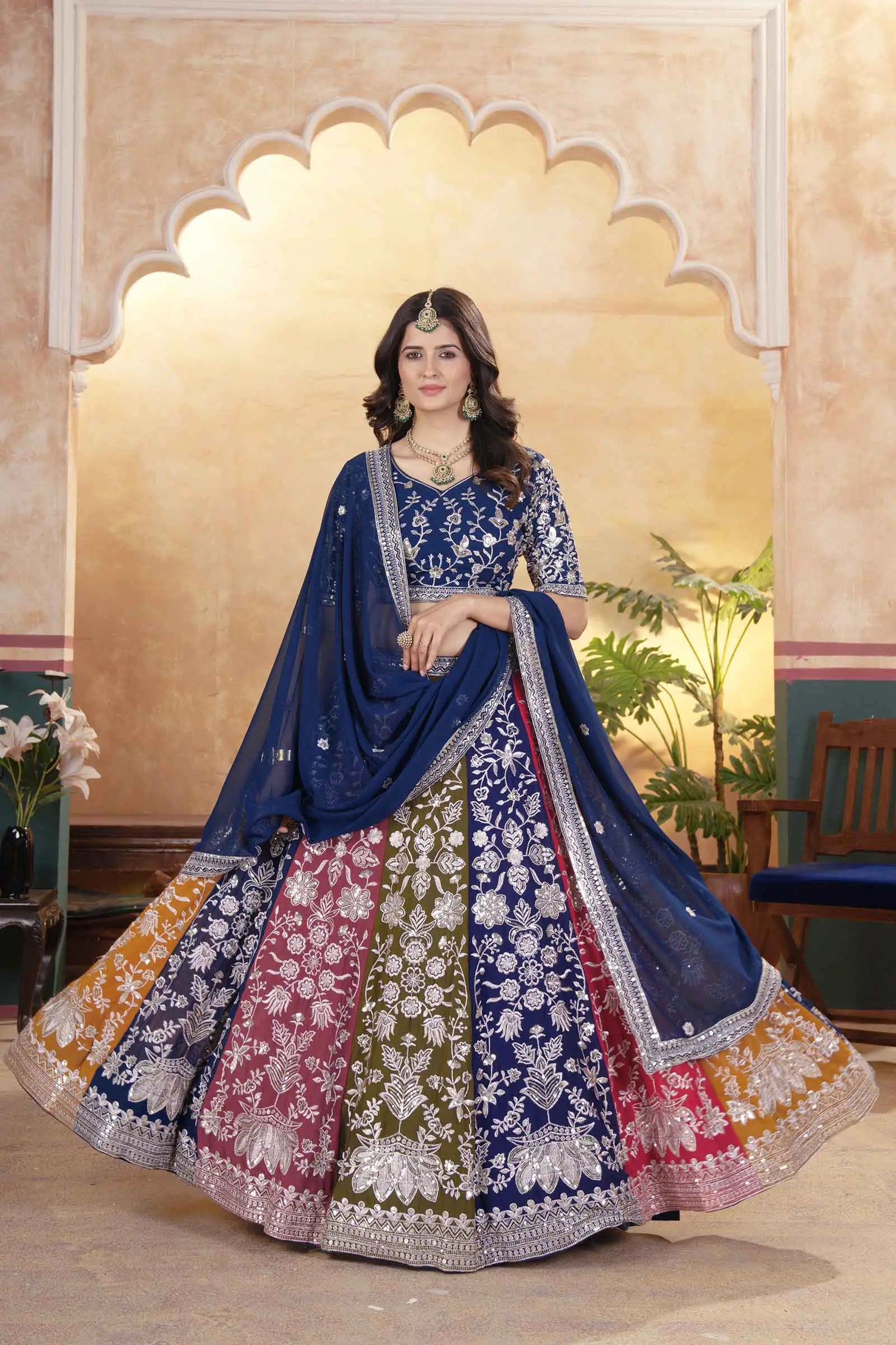 Multi Color Sequins Zari Embroidery Work Georgette Lehenga With Dupatta - qivii