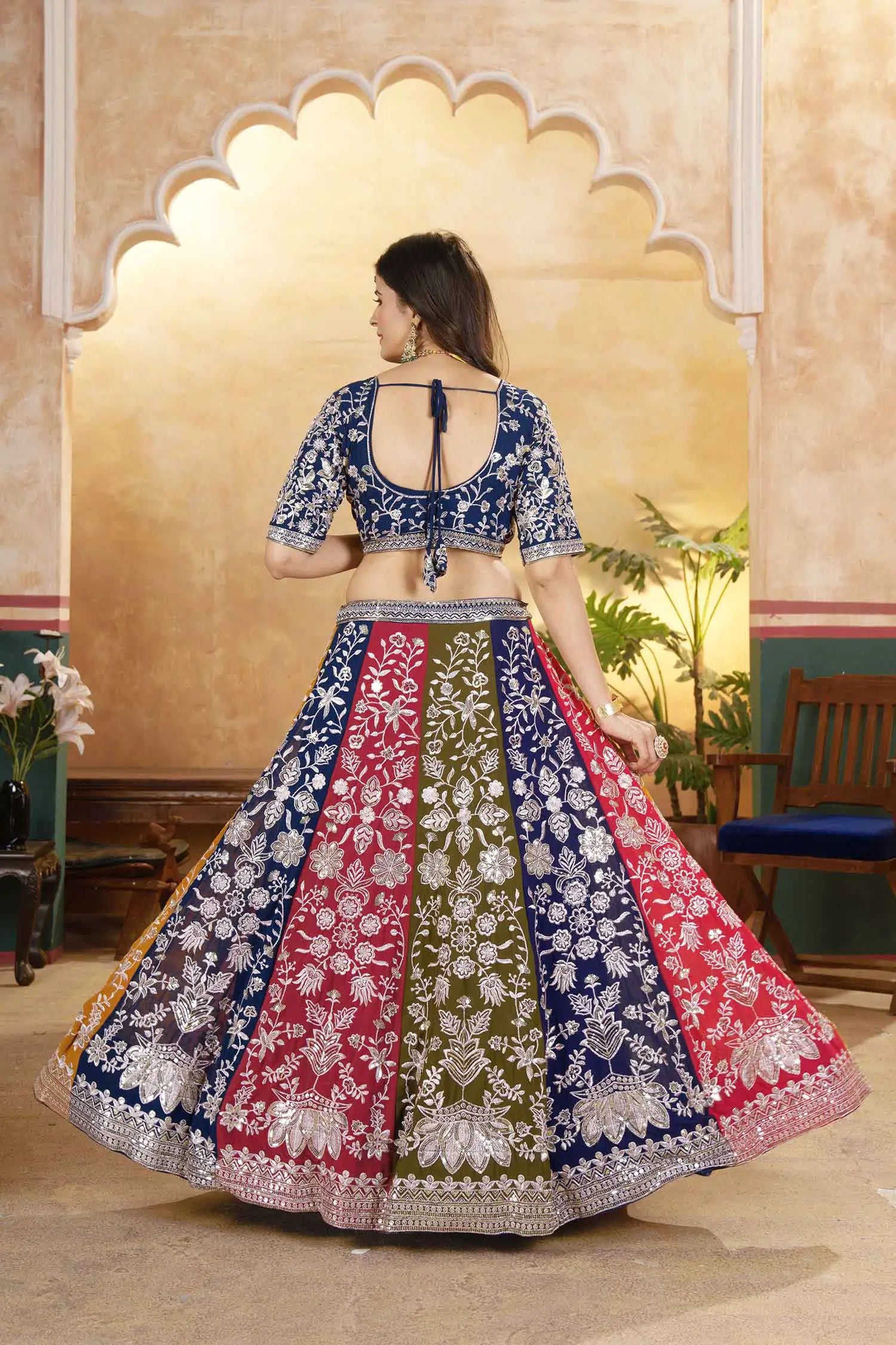 Multi Color Sequins Zari Embroidery Work Georgette Lehenga With Dupatta - qivii