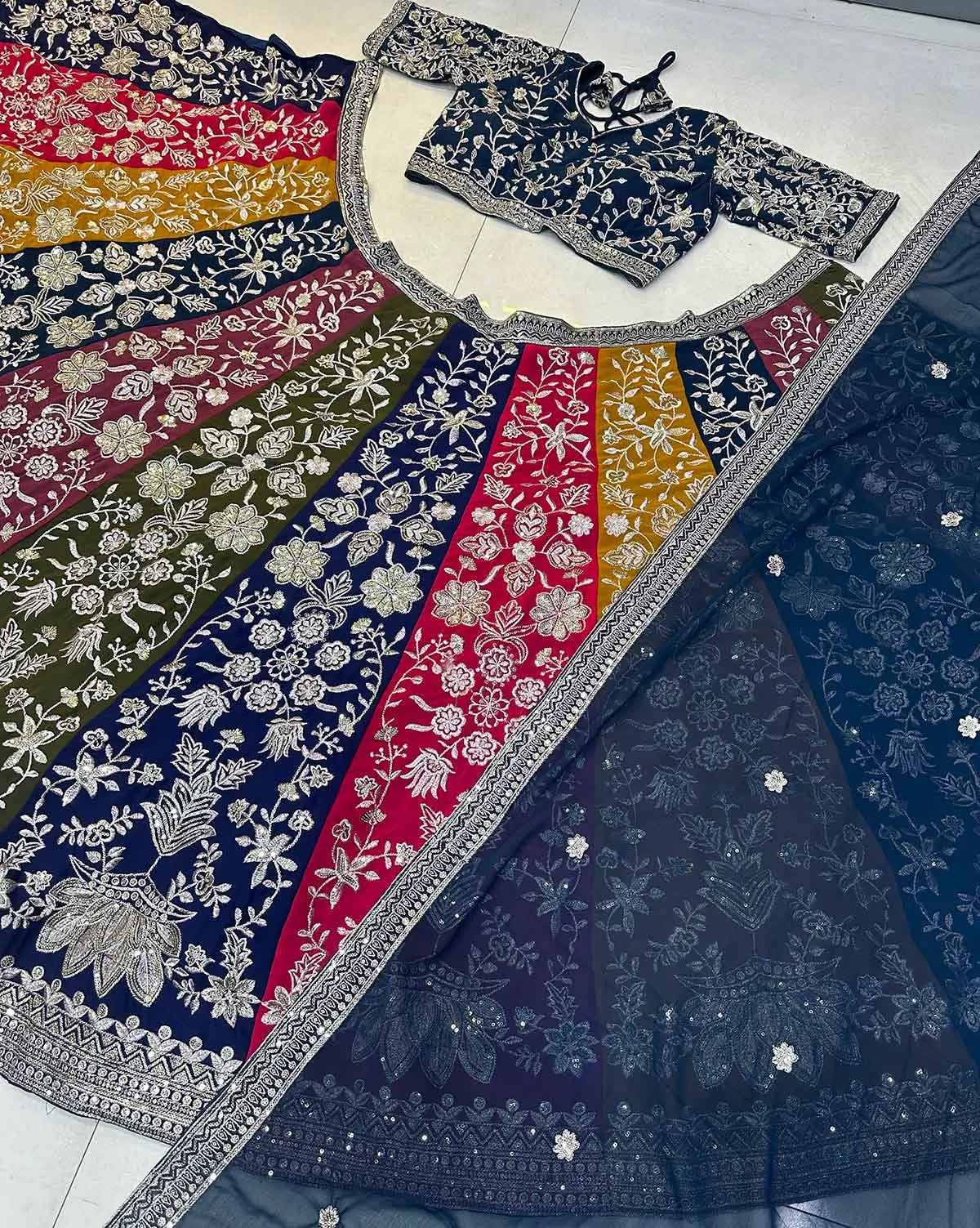 Multi Color Sequins Zari Embroidery Work Georgette Lehenga With Dupatta - qivii
