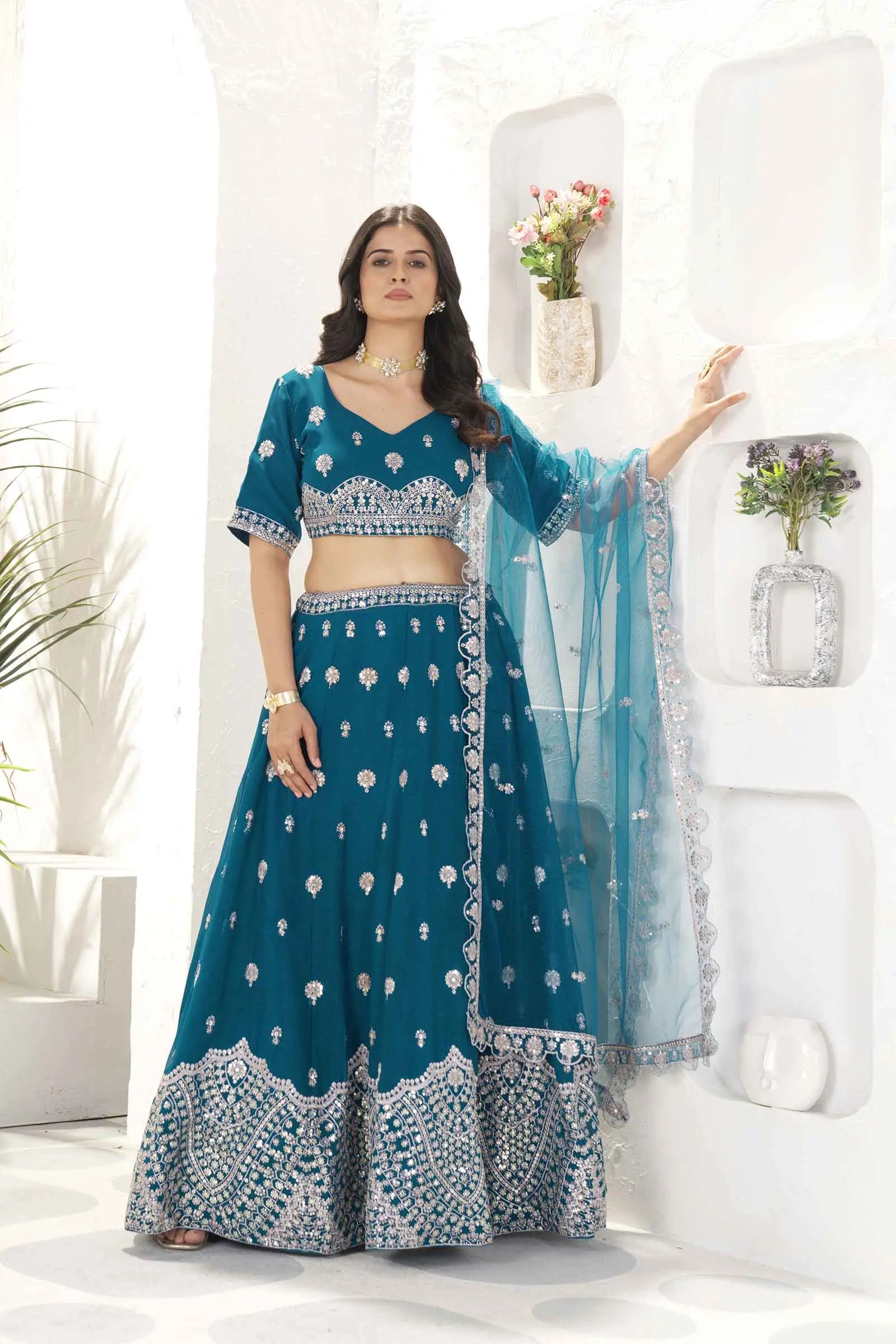 Deep Teal Blue Georgette Lehenga With Embroidery Sequins Work And Dupatta - qivii