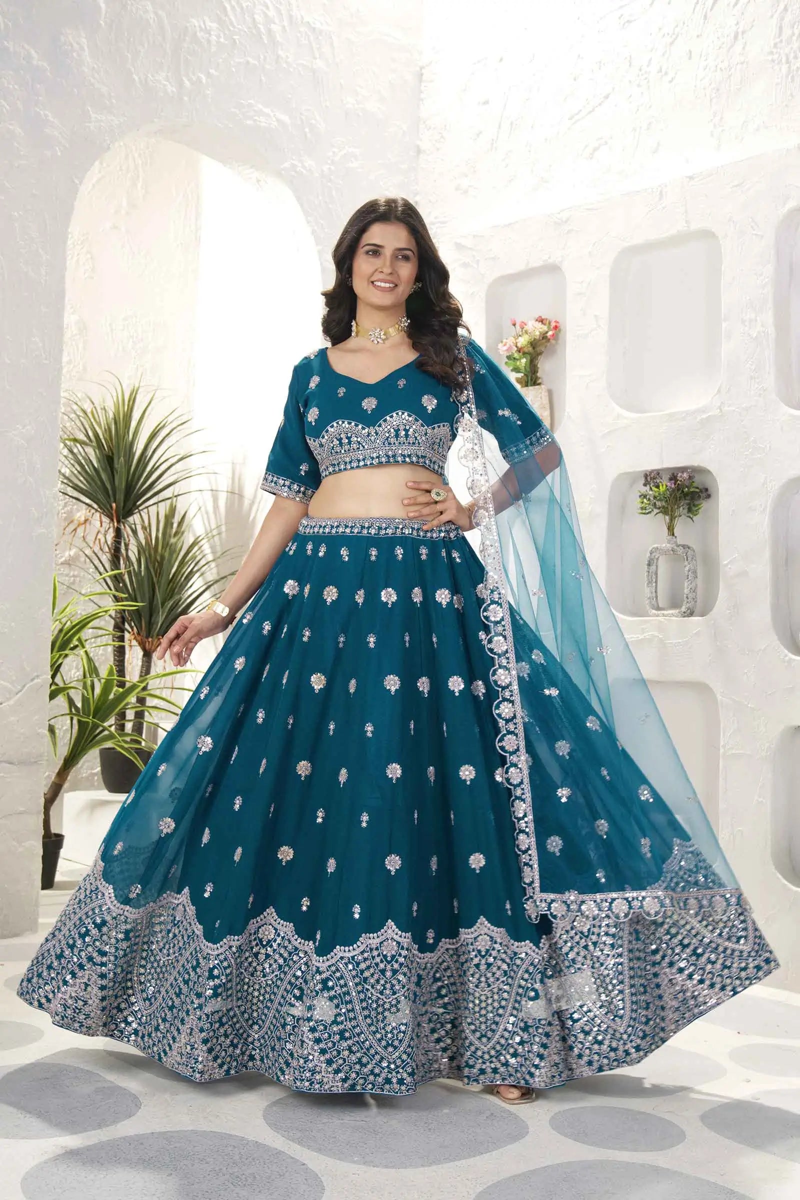 Deep Teal Blue Georgette Lehenga With Embroidery Sequins Work And Dupatta - qivii