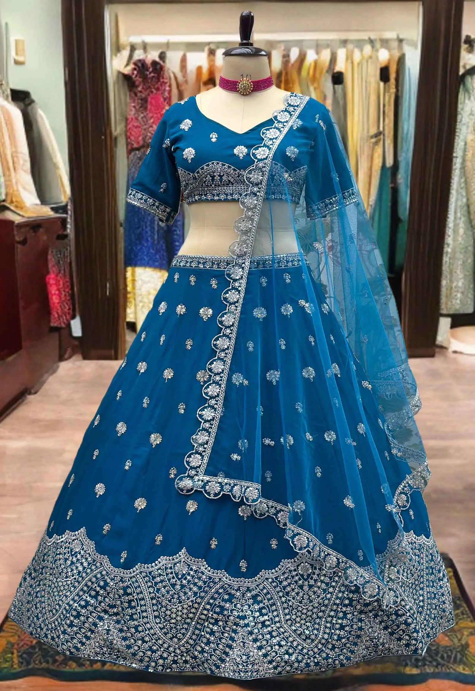 Deep Teal Blue Georgette Lehenga With Embroidery Sequins Work And Dupatta - qivii