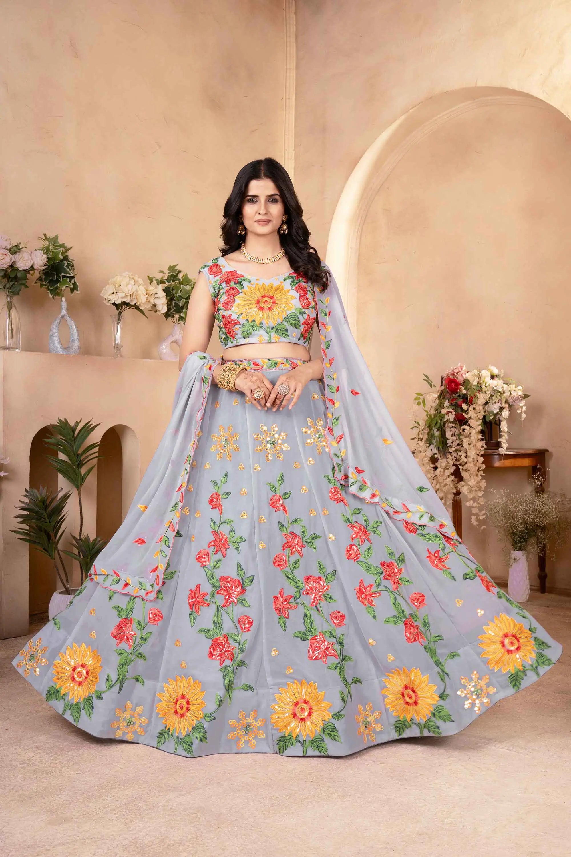 Silver Grey Multi Thread Sequins Embroidery Work Georgette Lehenga - qivii