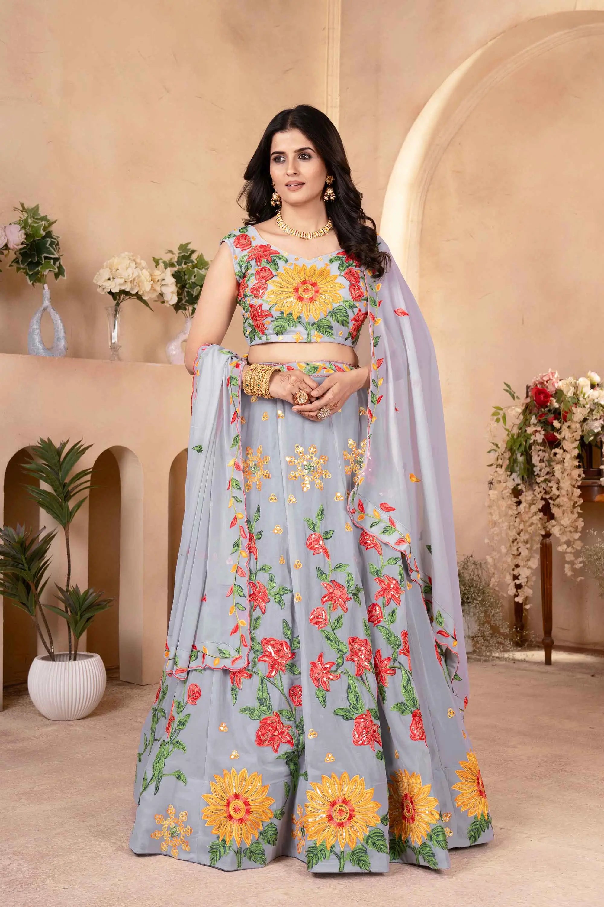 Silver Grey Multi Thread Sequins Embroidery Work Georgette Lehenga - qivii