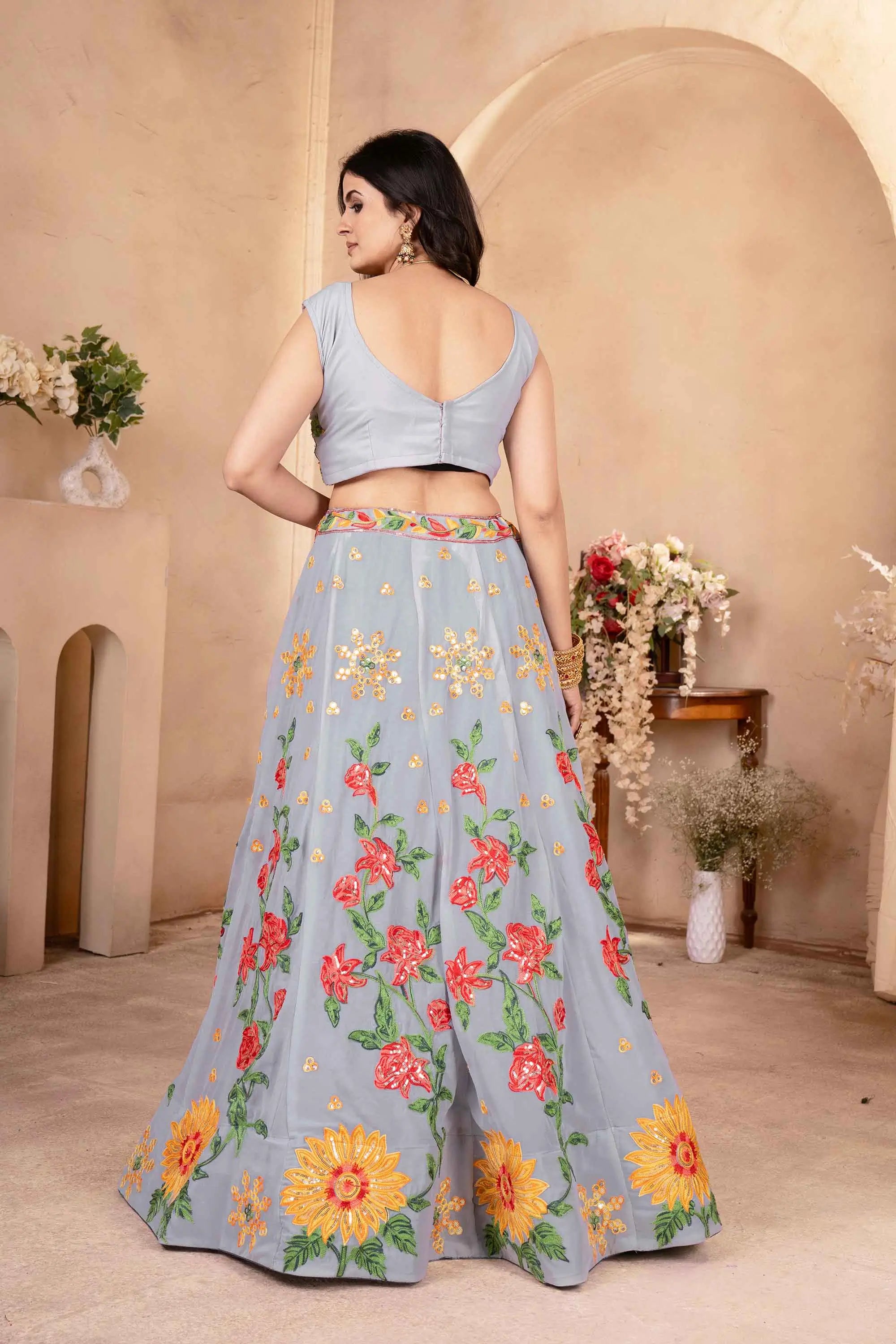 Silver Grey Multi Thread Sequins Embroidery Work Georgette Lehenga - qivii