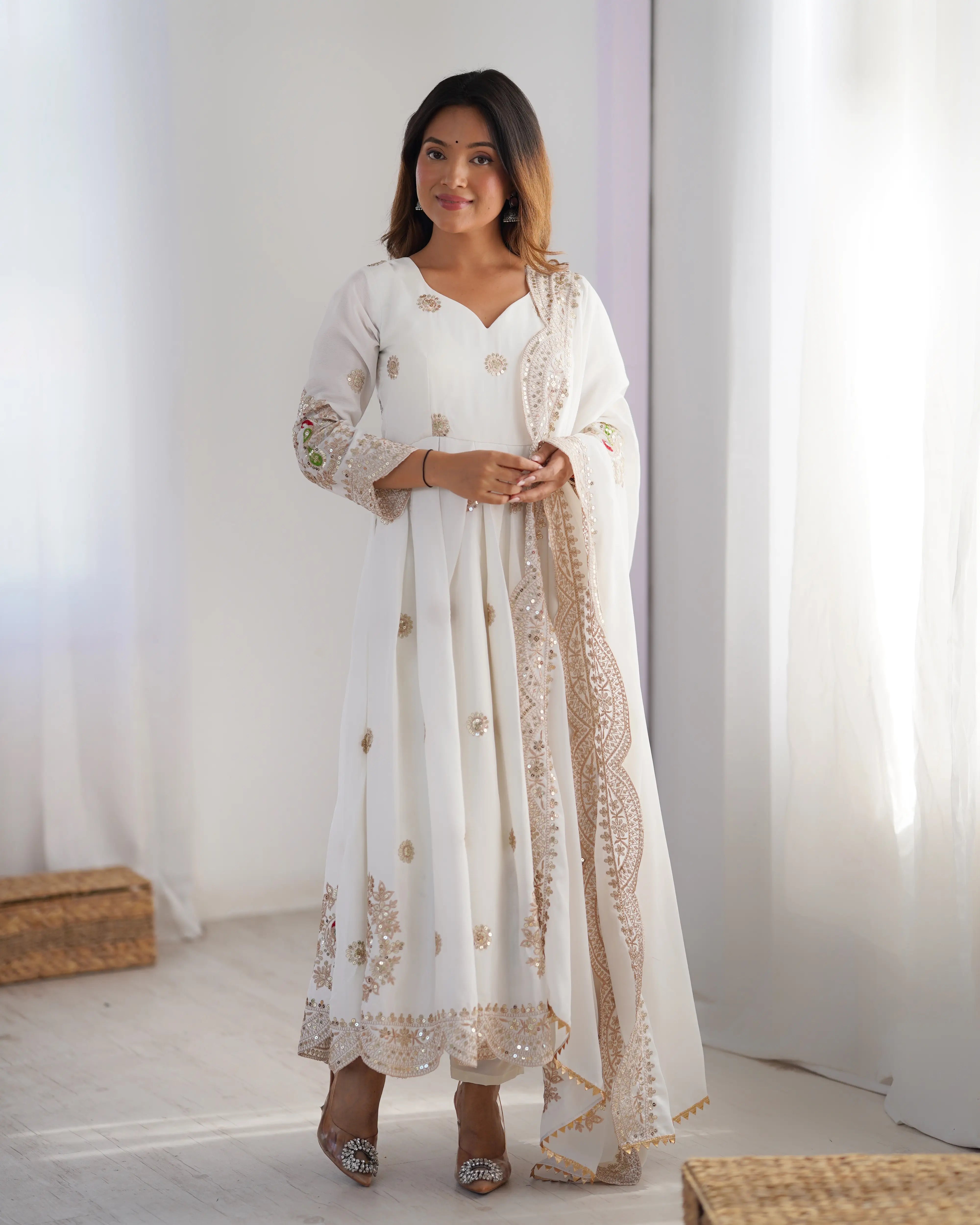 White Embroidery Design Work Gown With Dupatta