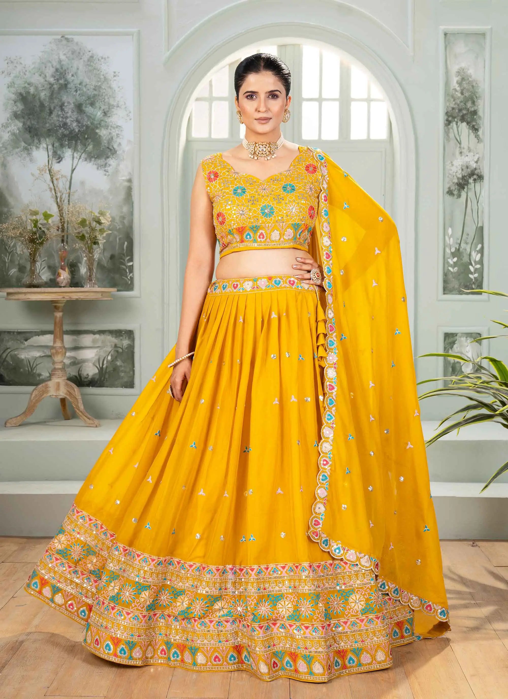 Yellow Star Georgette Sequins Embroidery Work Lehenga Choli - qivii