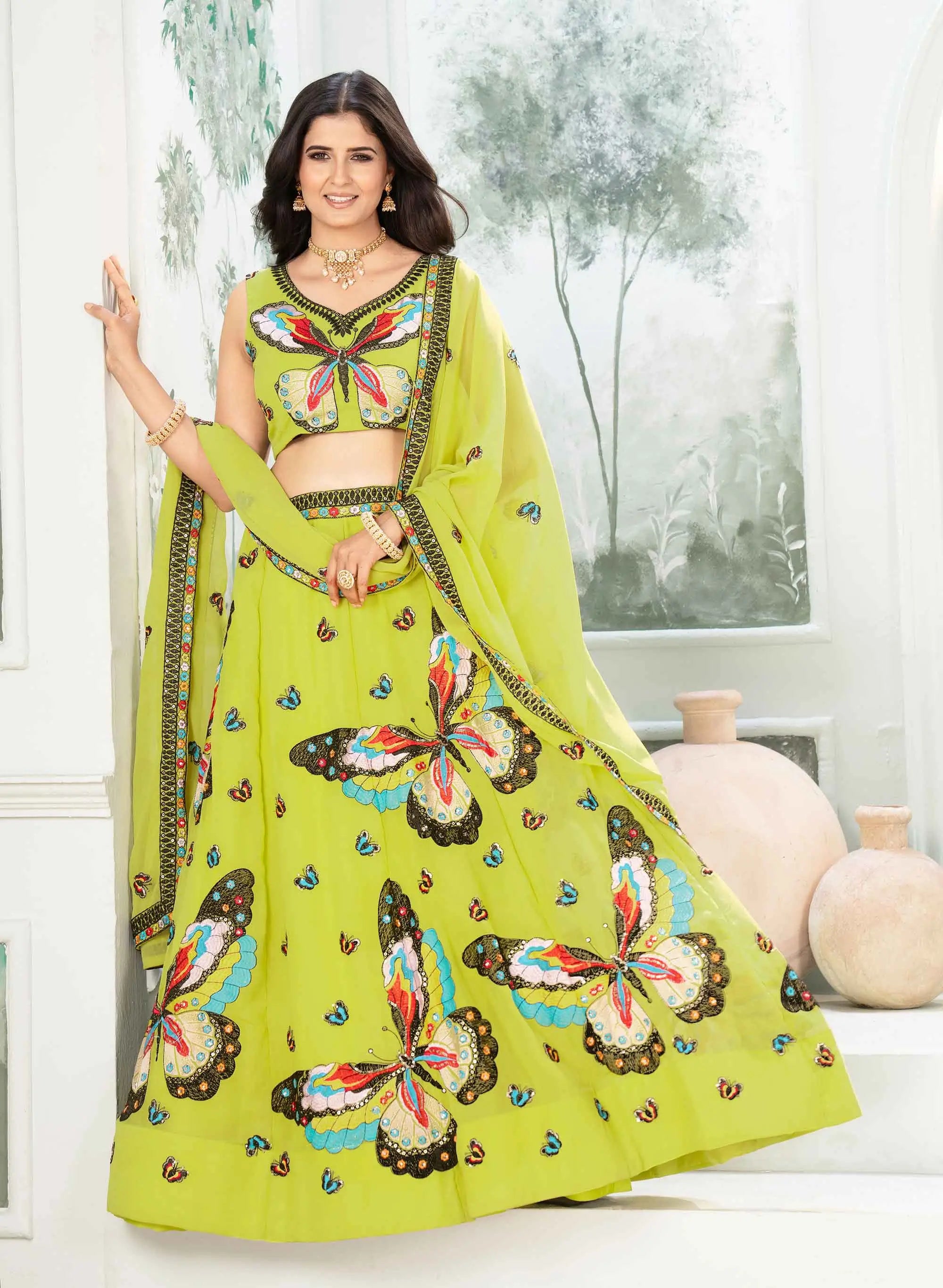 Neon Georgette Multi Thread Sequins Embroidery Work Lehenga Choli - qivii