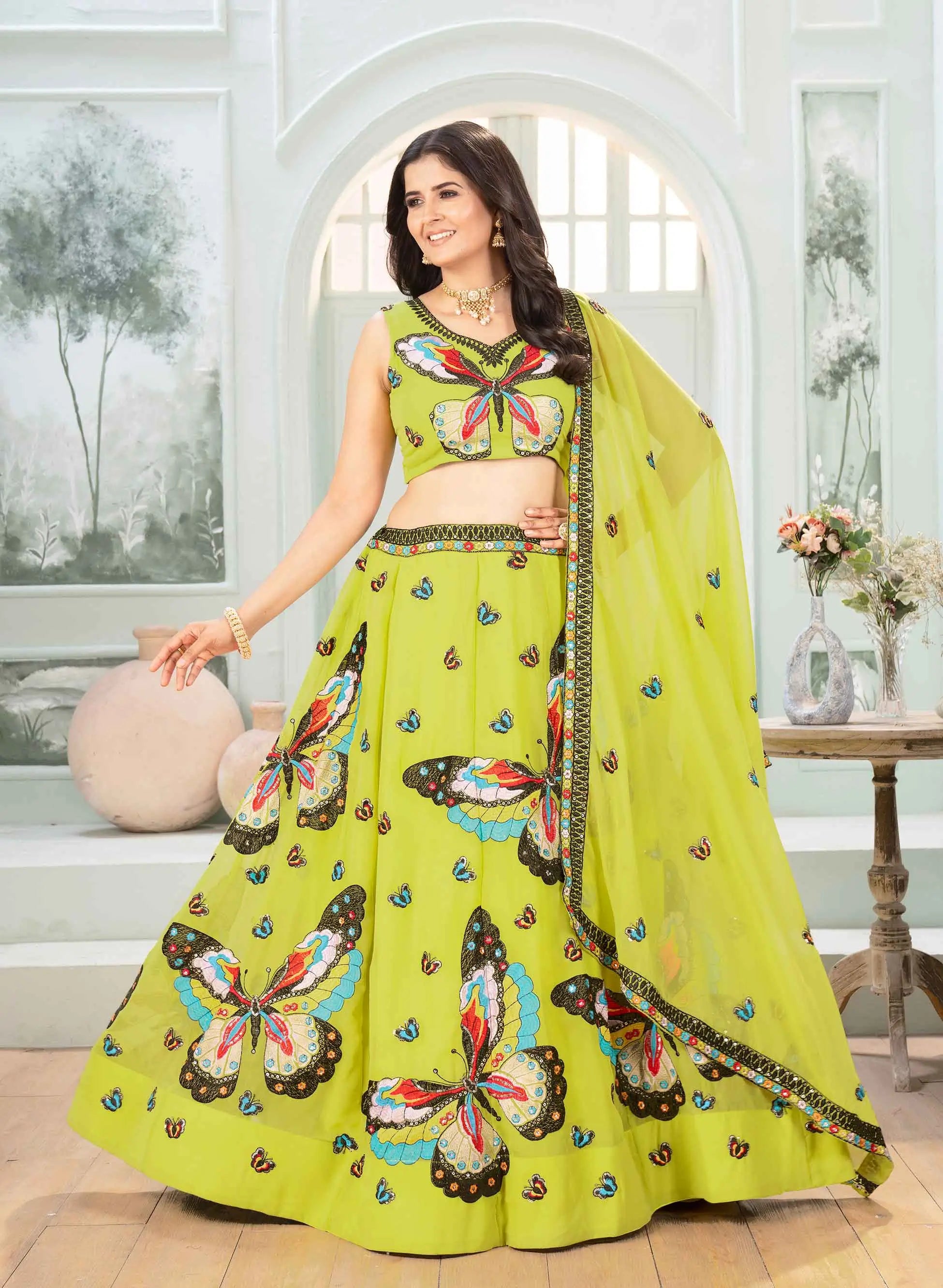 Neon Georgette Multi Thread Sequins Embroidery Work Lehenga Choli - qivii