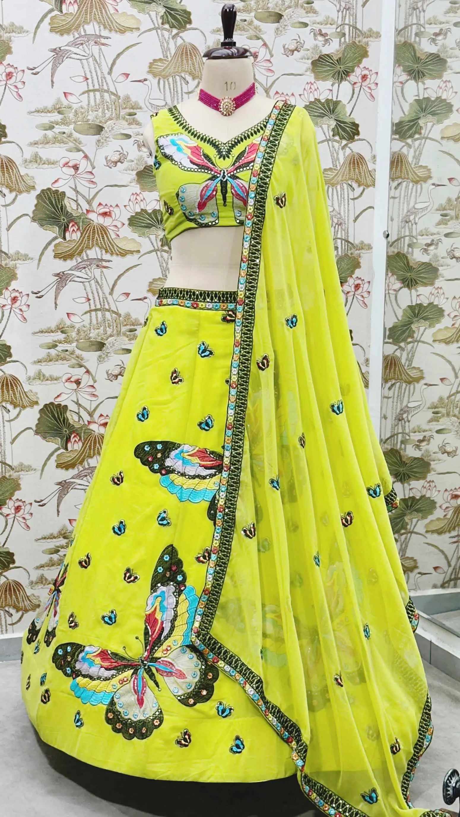 Neon Georgette Multi Thread Sequins Embroidery Work Lehenga Choli - qivii