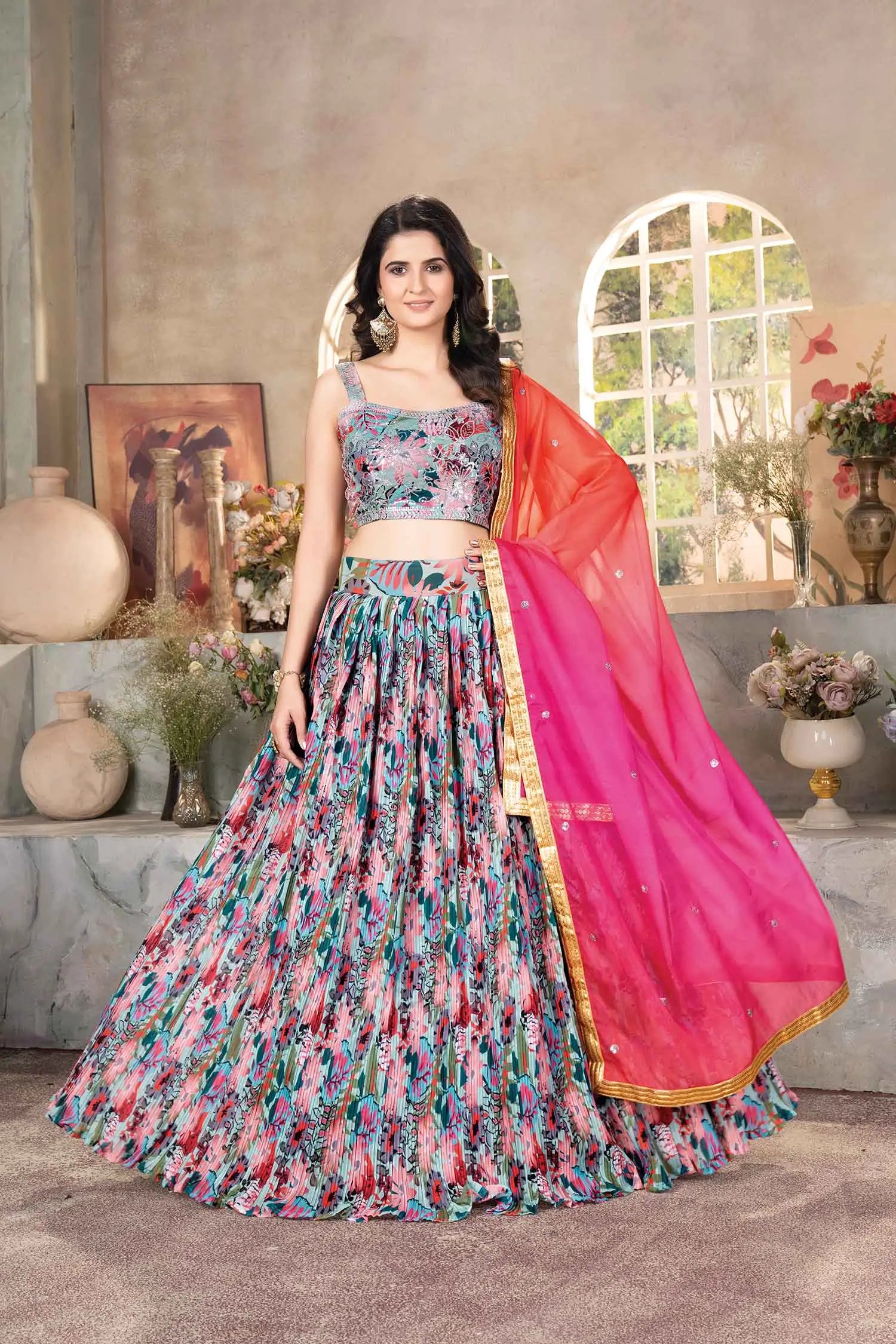 Light Blue With Multi Floral Print Lehenga With Embroidery Work And Dupatta - qivii