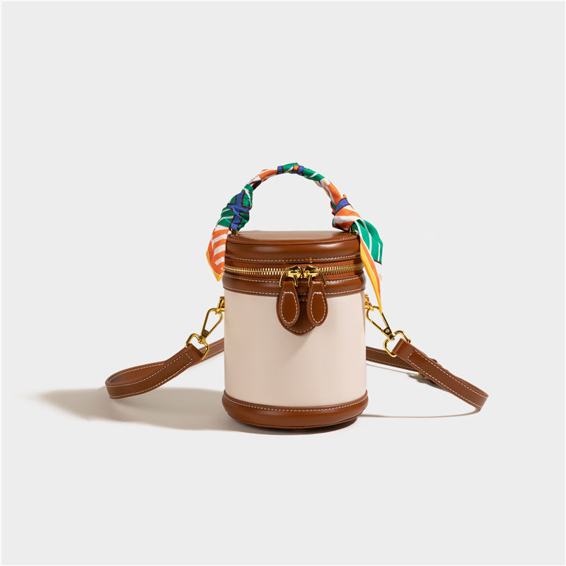 Women's Retro Color-Block Barrel Bag – Mini Cylinder Cosmetic Case with Detachable Silk Scarf & Chain Strap