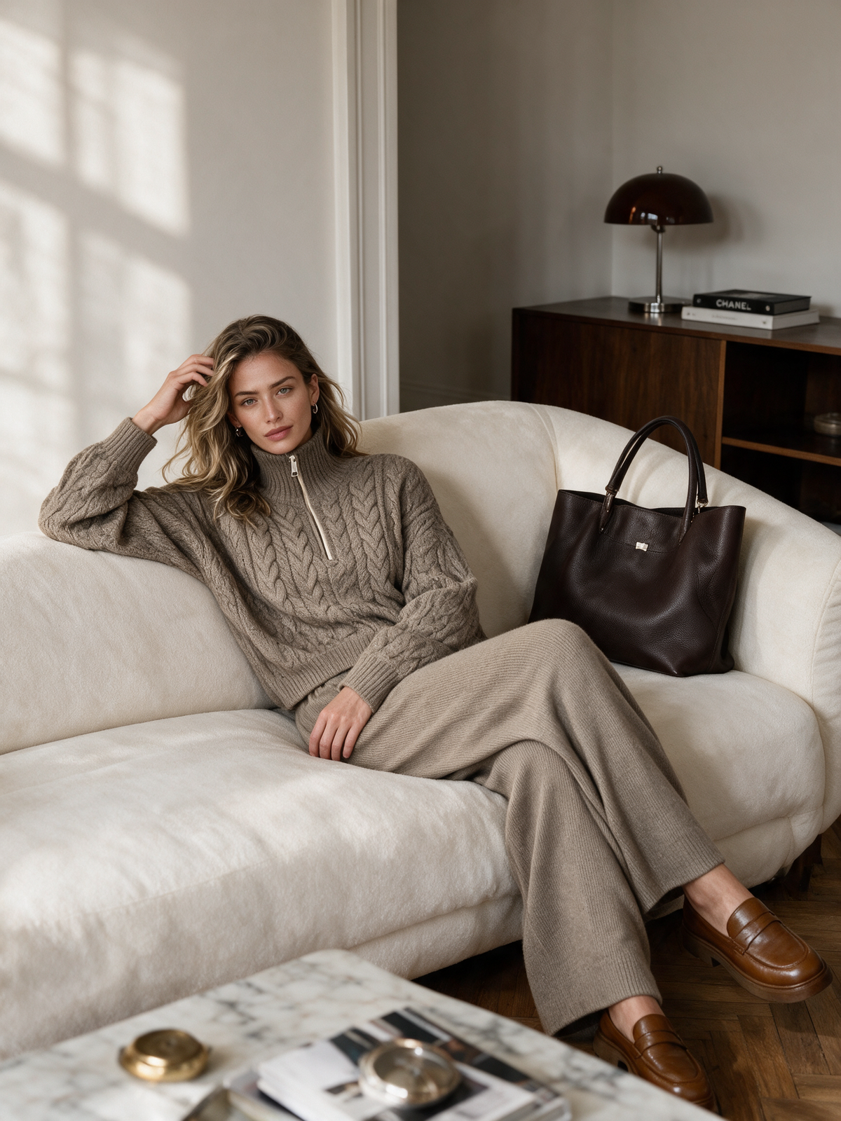 Women's Taupe Half-Zip Turtleneck Cable Knit Top