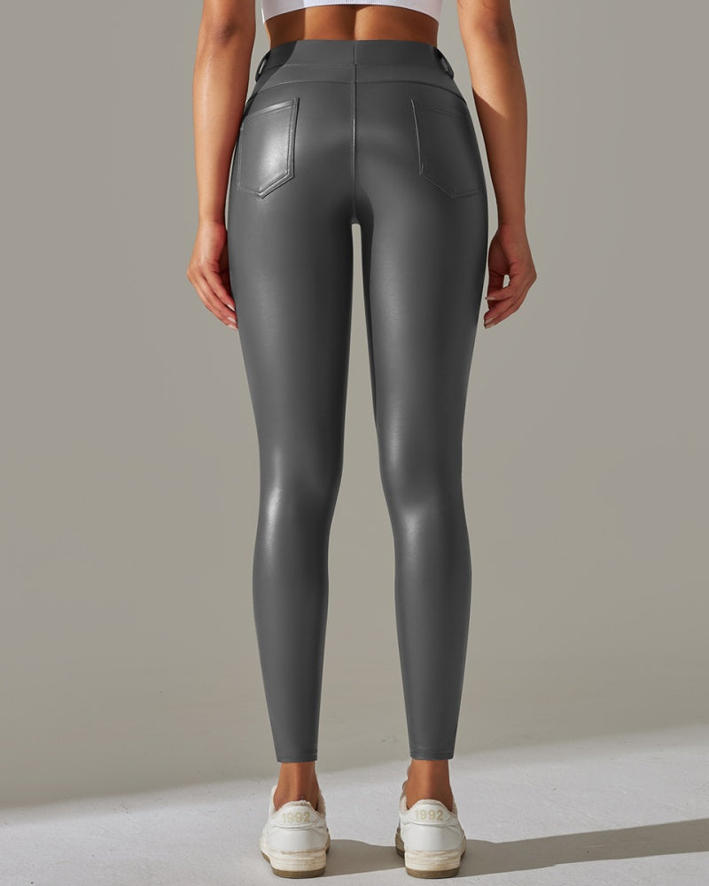 PU leather Pants High Waist Tight Sports Yoga Pants Slim - By Qivii