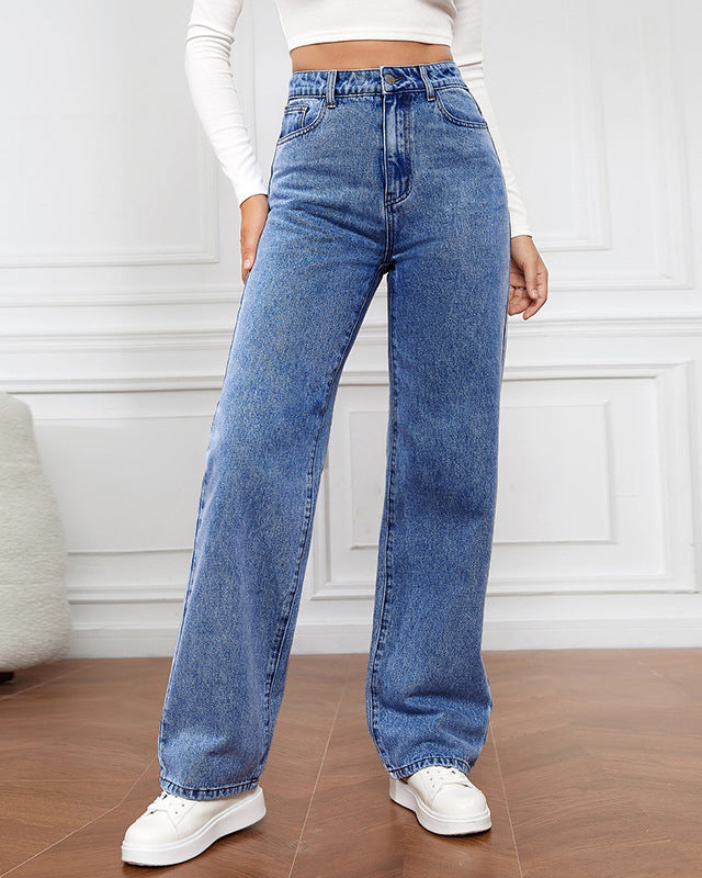 Women's High Waist Zipper Fly Straight Leg Jeans - By Qivii