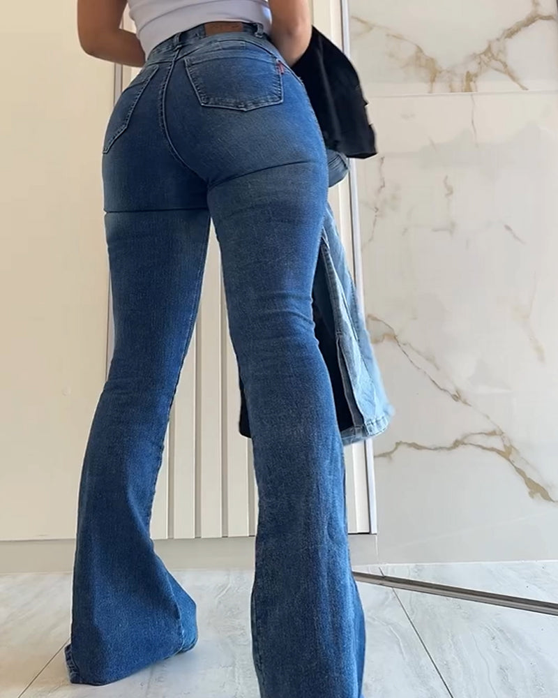 Shapshe® High Waisted Tummy Control Flared Slit Floor Length Jeans - By Qivii