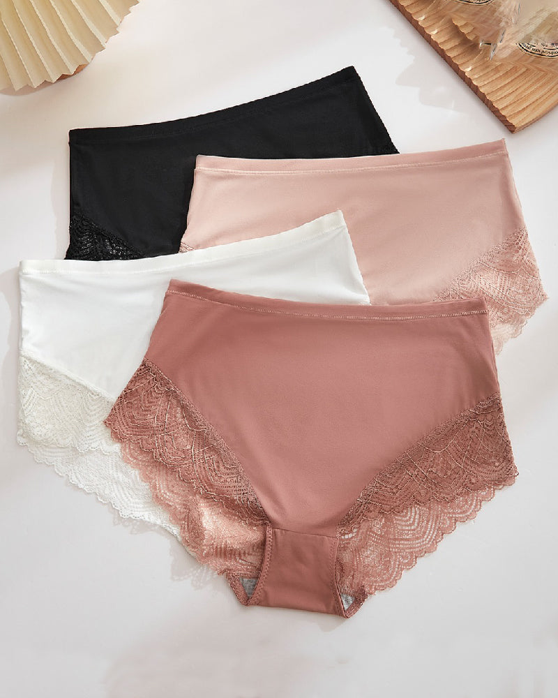 Women's Sexy Semi Sheer Mid-Waist Lace Stitching Breathable Briefs - By Qivii