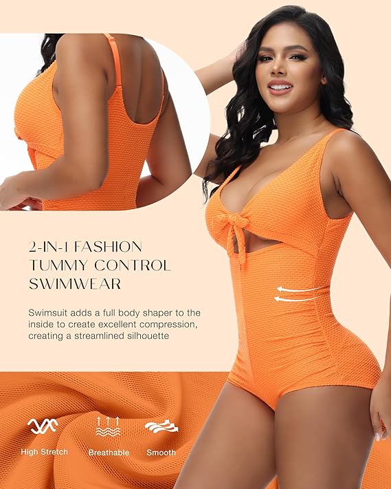 Women's Tummy Control Swimsuit Cutout Tie Knot Front Push Up Shapewear Bathing Suit - By Qivii