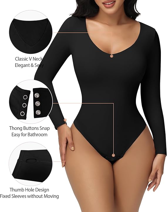 Shapshe® Women's Long Sleeve V Neck Seamless Bodysuits Tummy Control Thong Shapewear - By Qivii