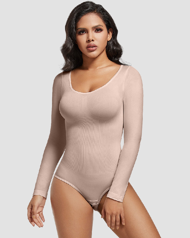 Seamless Crew Neck Long Sleeve Corset Bodysuit Tops Stretch Triangle Jumpsuit - By Qivii