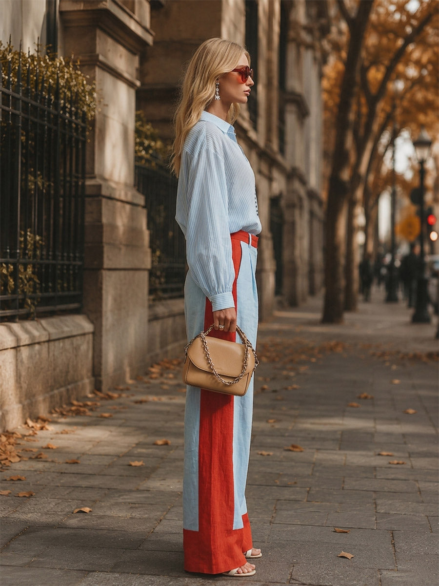 Stylish Casual Blue Striped Shirt And Color-Block Wide-Leg Pants Cotton-Linen Set - By Qivii