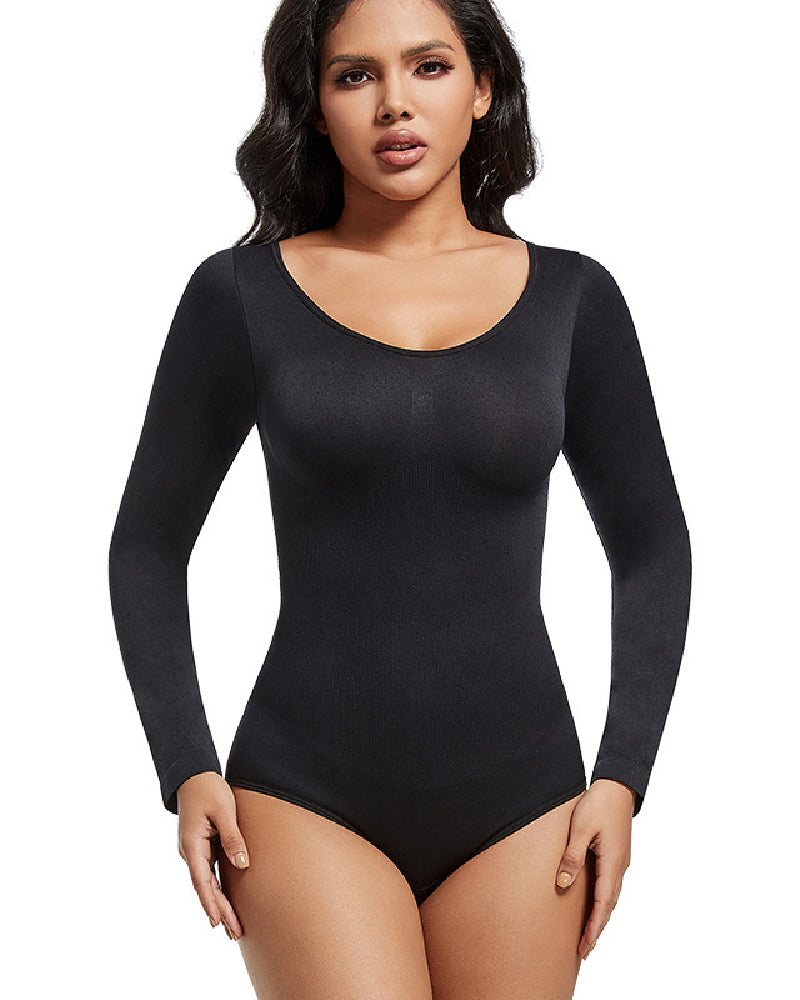 Seamless Crew Neck Long Sleeve Corset Bodysuit Tops Stretch Triangle Jumpsuit - By Qivii