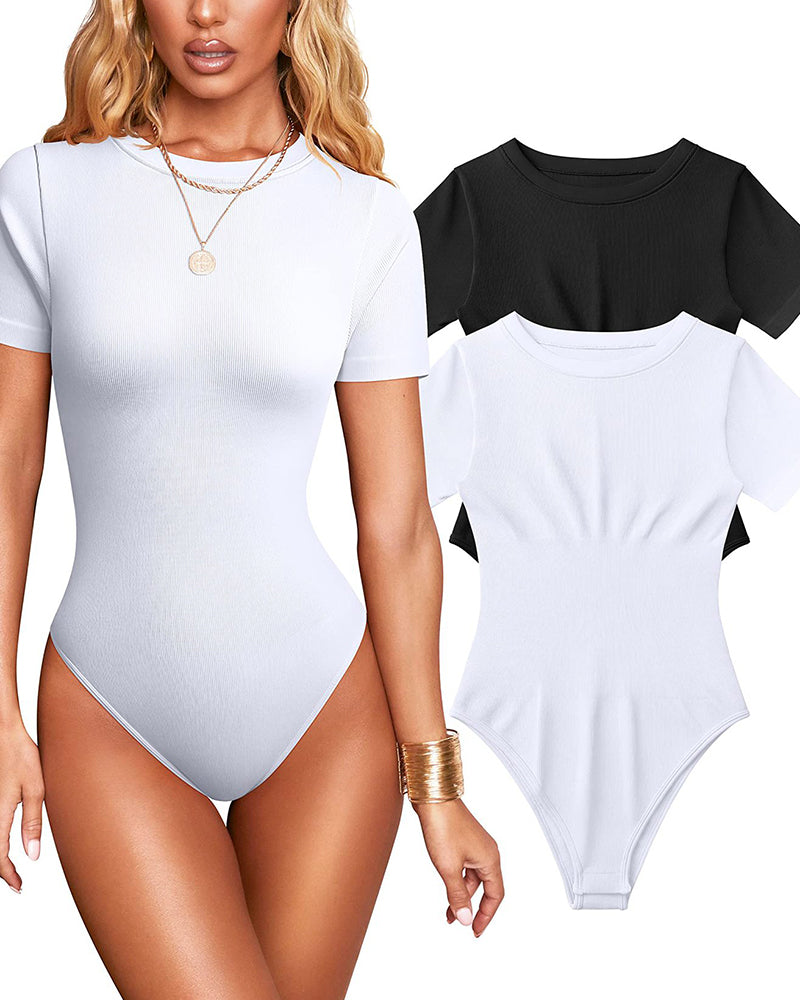 Women Sexy Ribbed Round Neck Short Sleeve Tummy Control Thong Bodysuit - By Qivii