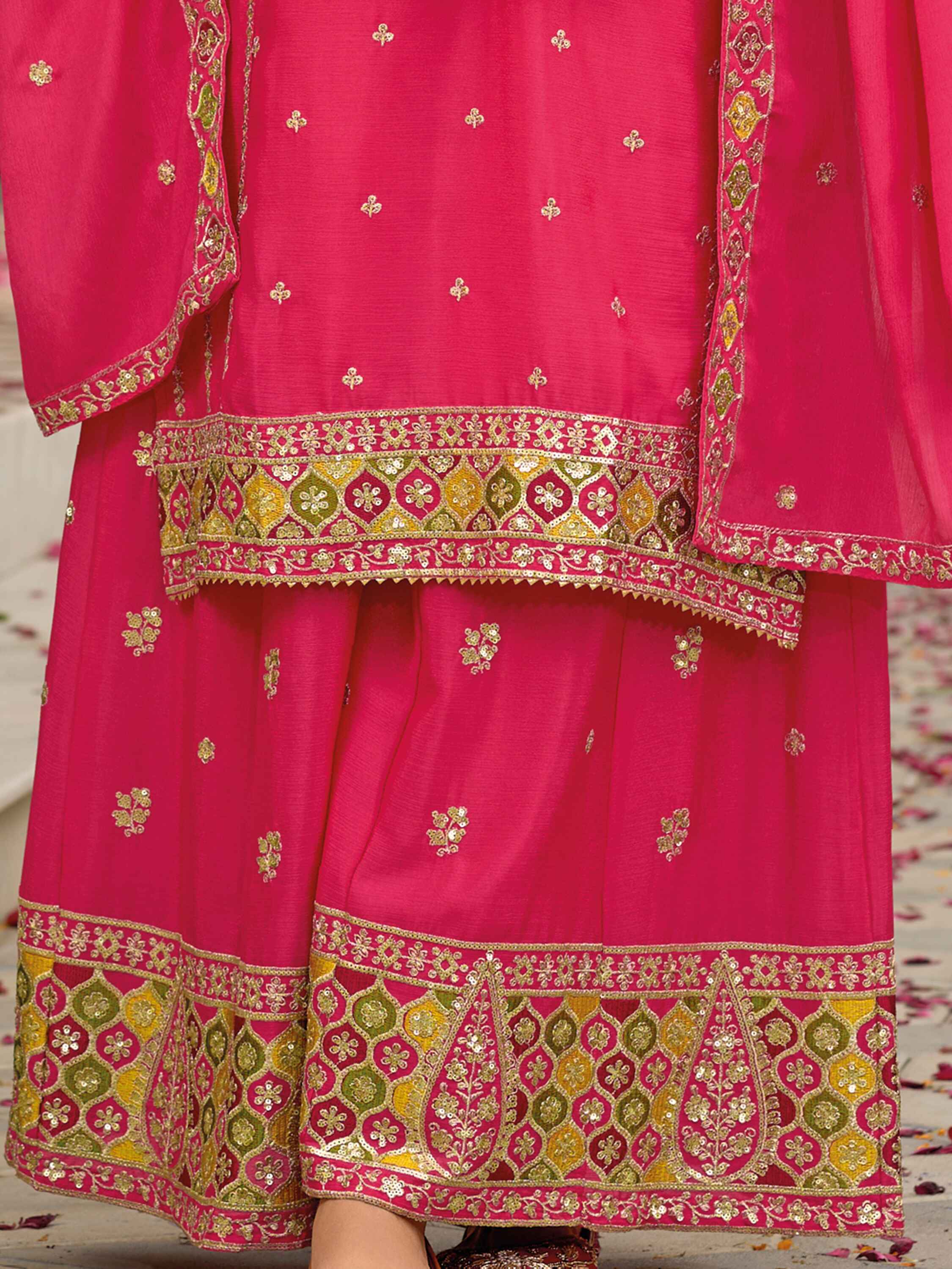 Shocking Pink Embroidered Chinon Eid Wear Palazzo Suit with intricate detailing and elegant design
