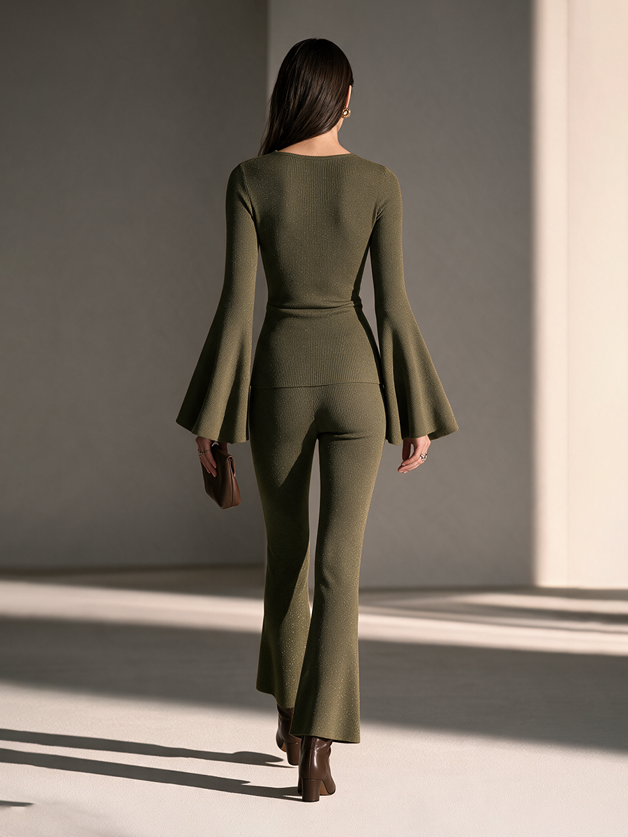 Women's Round-Neck Keyhole Flare-Sleeve Slim Top And Flare Pants Set MDZ2837H3CMX