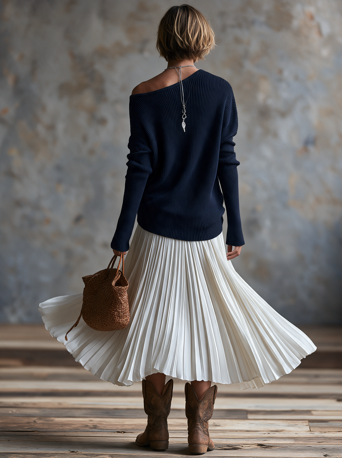 Women's Vintage Long-Sleeve Sweater And Pleated Skirt Set MDZ2891H9WY