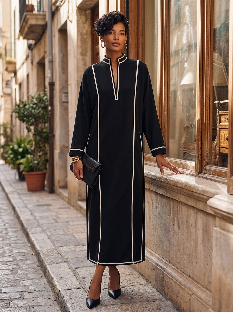 Women's Cotton-Blend Maxi Dress With Stand Collar And Contrast Piping MDZ0214I2ZRK