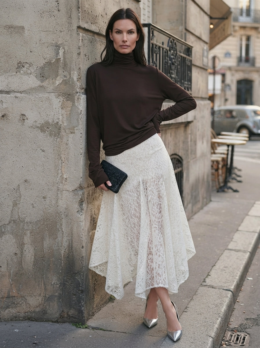 Women's High-Neck Stretch Top & Asymmetric Lace Skirt Set