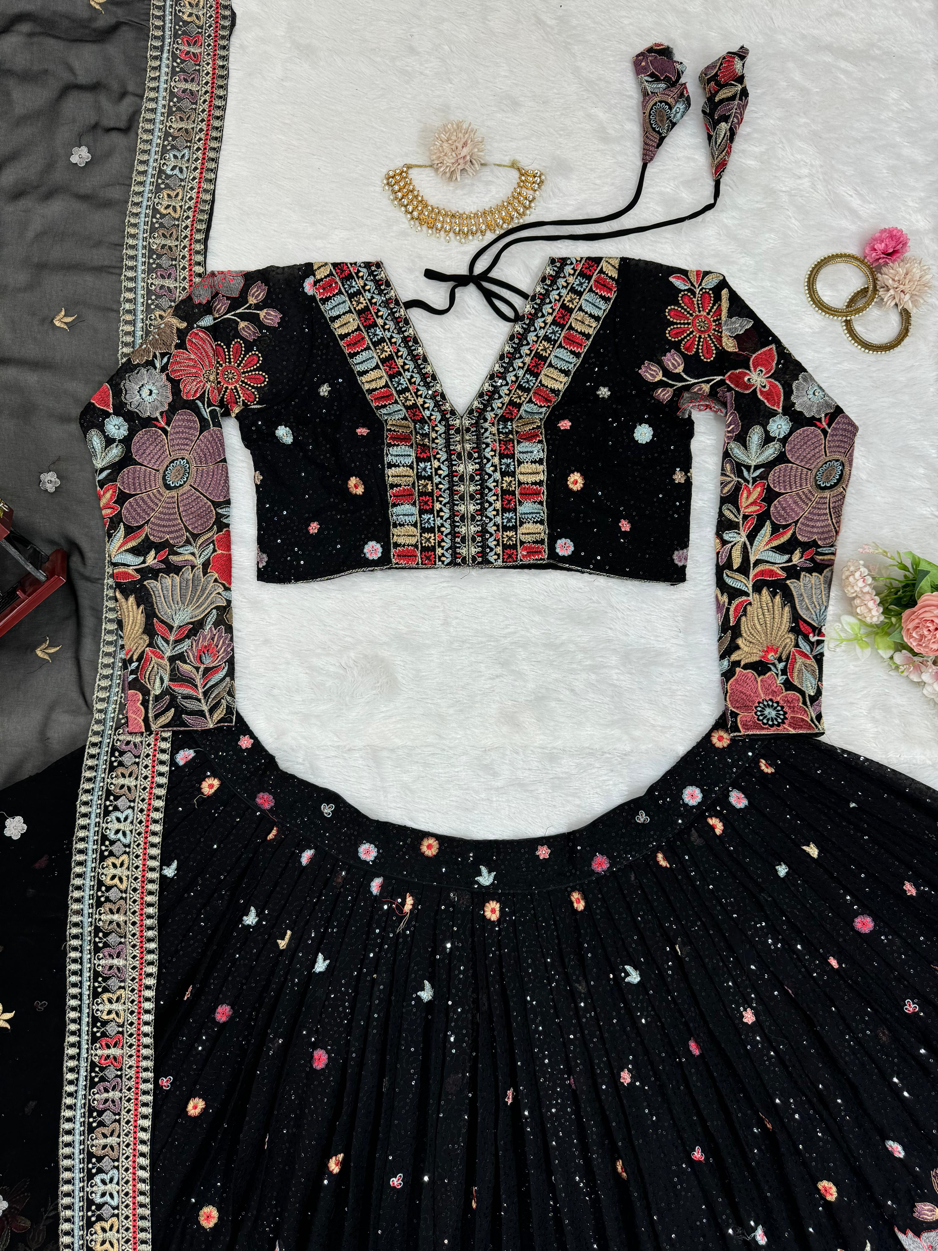Black Foux gorgette Sequnce with thread Lehenga choli - INSPIRED | Ready To Wear - qivii