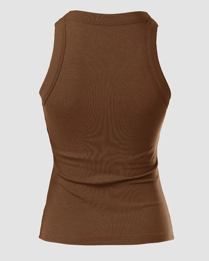 Round Neck Ribbed Tank Top Built In with Bra Padded - By Qivii