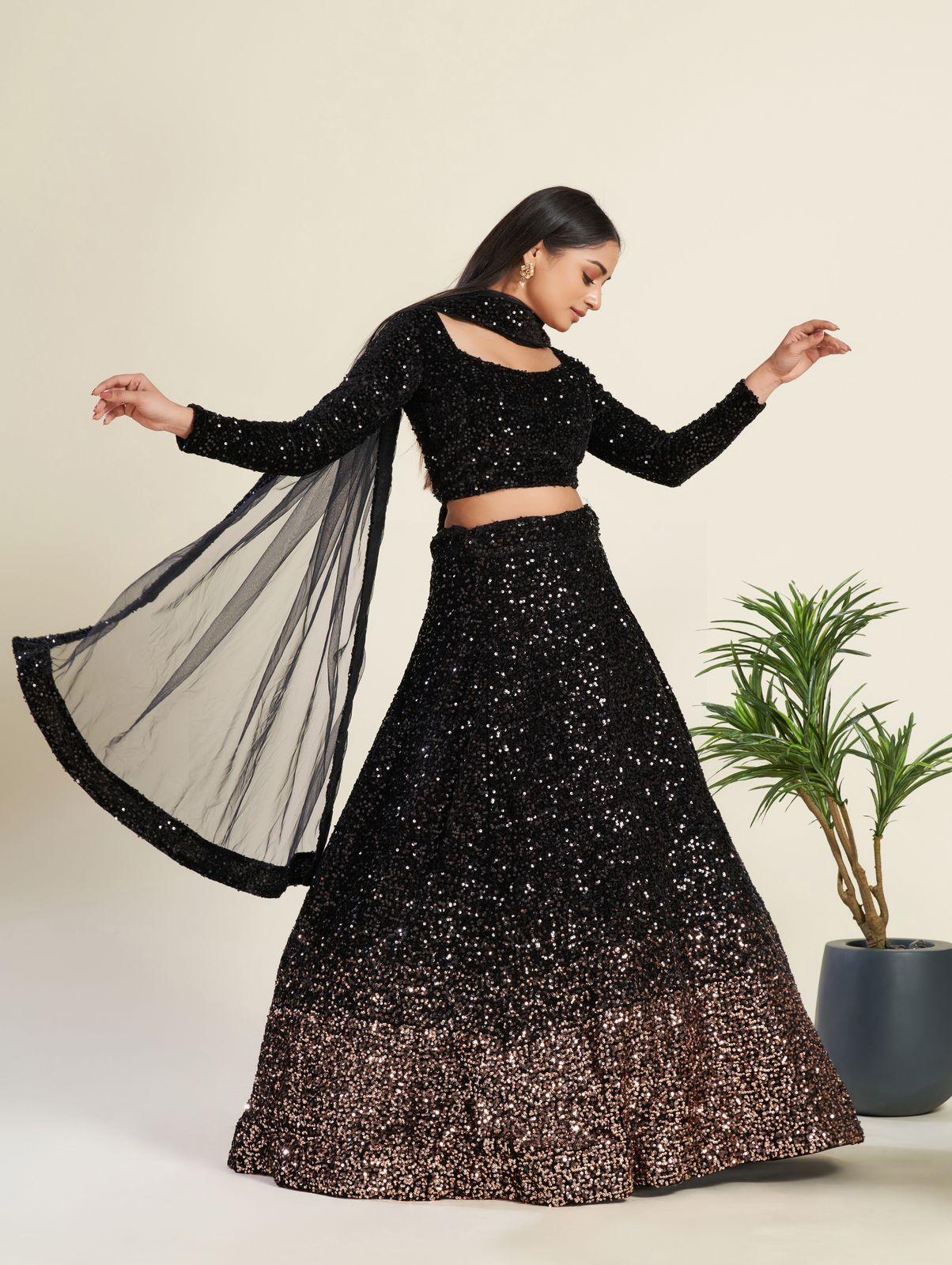 Elegant Black Velvet Lehenga: Dazzling Sequins Work All Over | Ready to wear - qivii