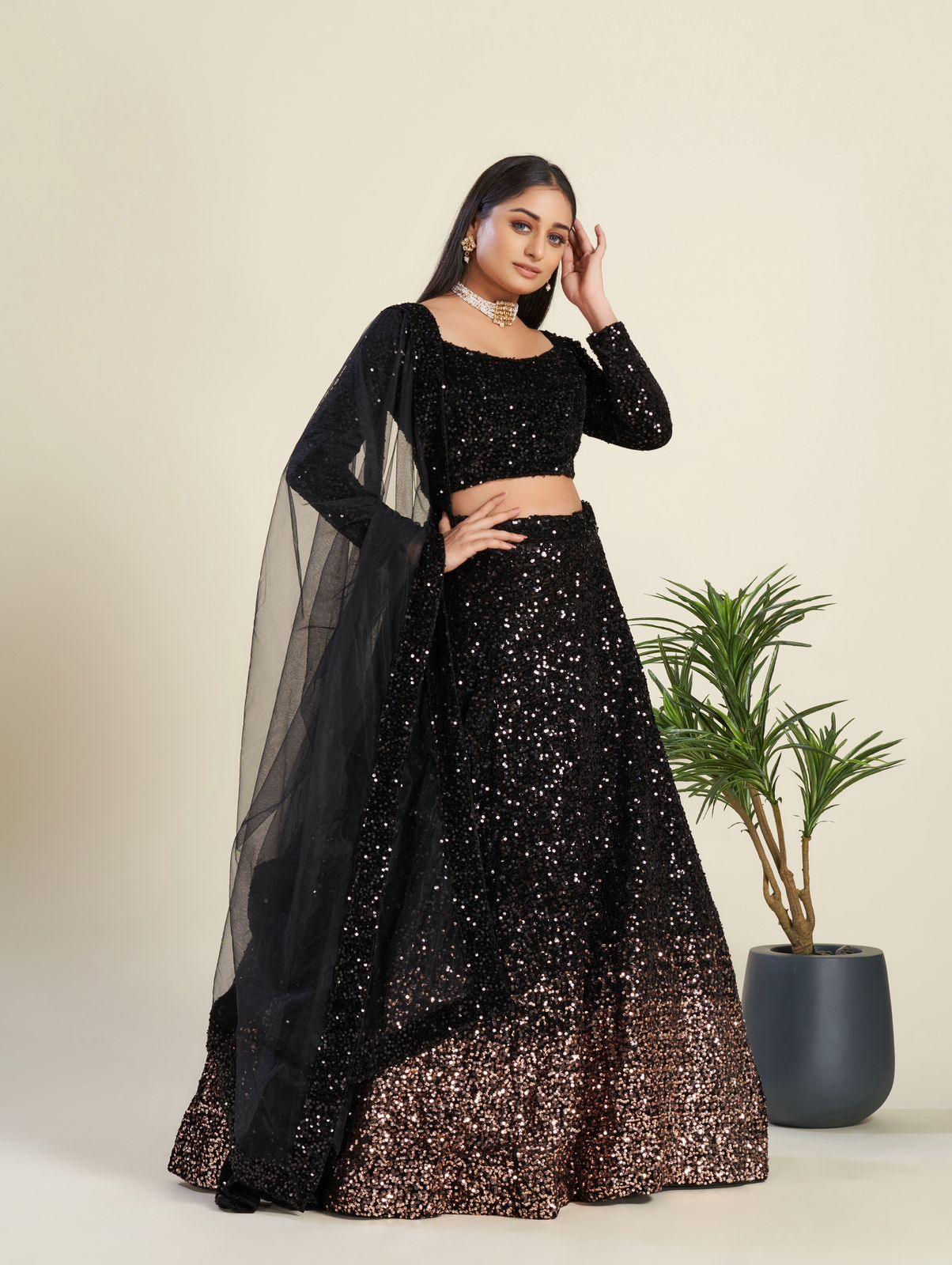 Elegant Black Velvet Lehenga: Dazzling Sequins Work All Over | Ready to wear - qivii