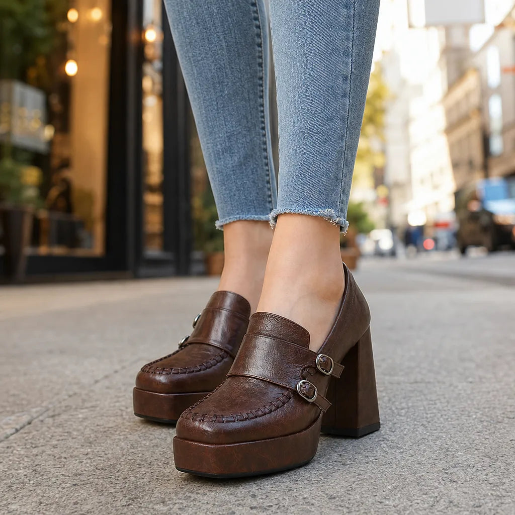 Brown Elsa women's orthopedic Mary Jane heels by Hudson Ridge, stylish and supportive footwear for comfortable everyday wear.