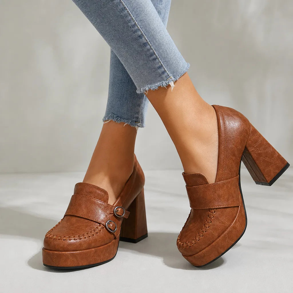 Elsa women's orthopedic Mary Jane heels in cognac leather by Hudson Ridge, featuring supportive design and classic style for comfortable wear.