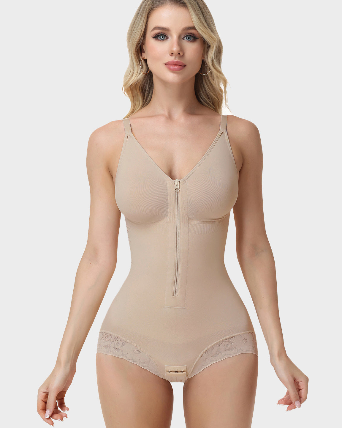 V Neck Adjustable Strap Tummy Control Butt Lifting Zipper Shaper