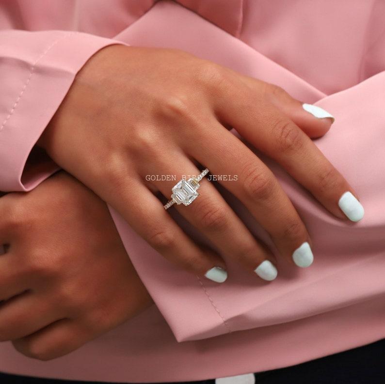 Emerald Cut Three Stone Moissanite Engagement Ring / Hidden Halo With Peekaboo Set Moissanite Ring / Emerald Cut Ring Gift - qivii