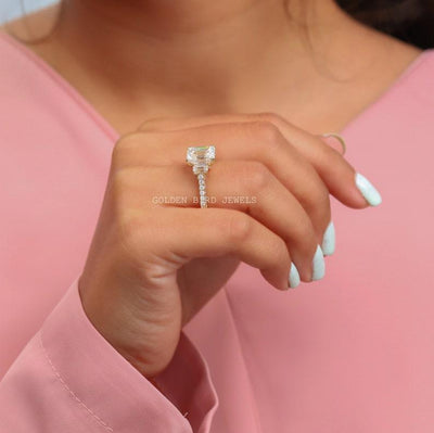 Emerald Cut Three Stone Moissanite Engagement Ring / Hidden Halo With Peekaboo Set Moissanite Ring / Emerald Cut Ring Gift - qivii