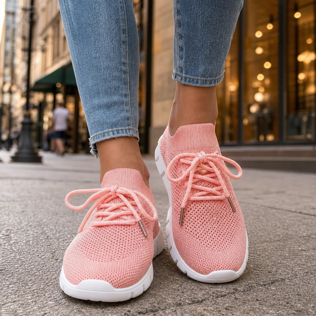 Pink women's orthopedic walking sneakers by Hudson Ridge, featuring supportive design and comfortable fit for active women.